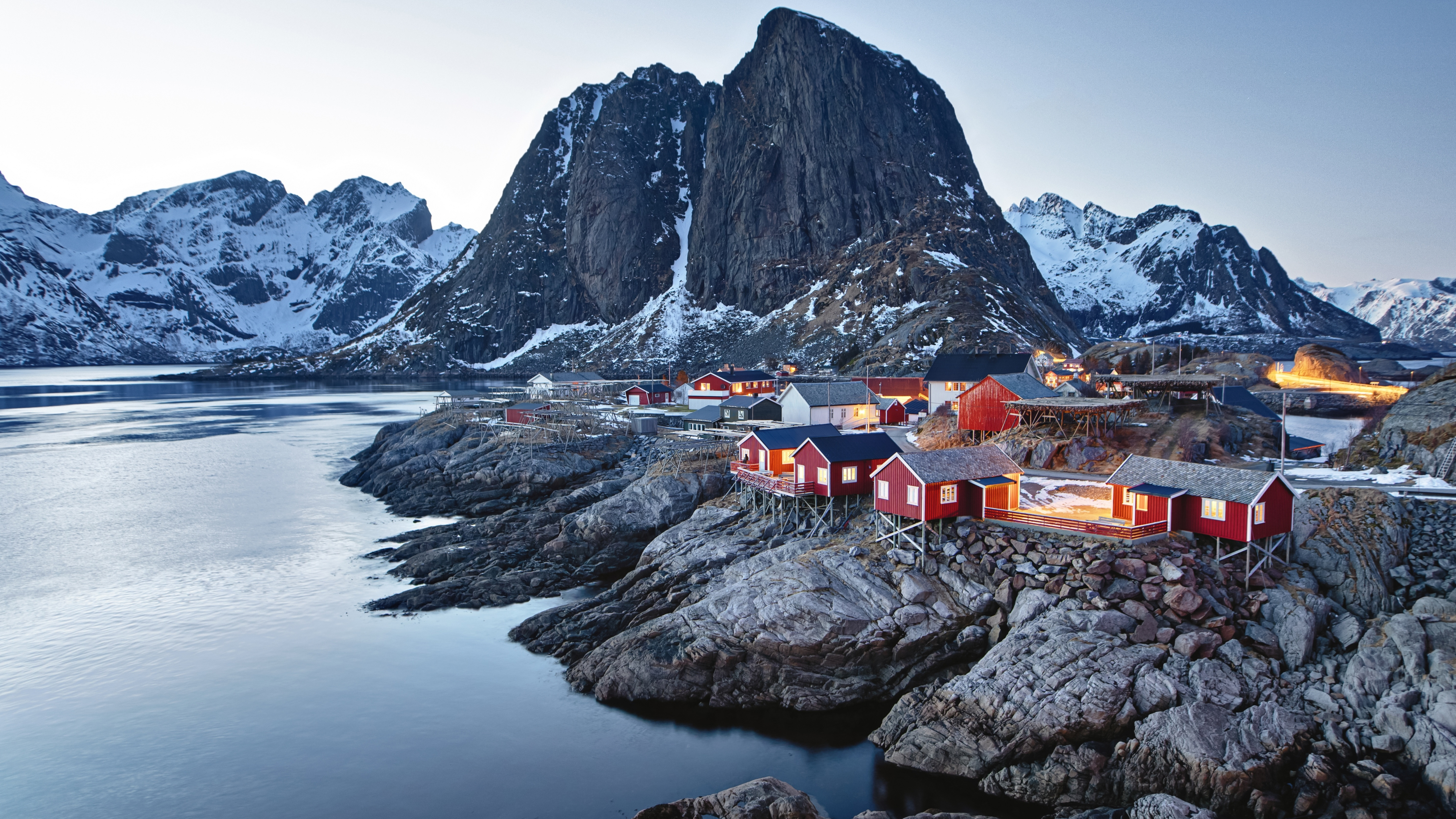 Wallpaper, rocks, landscape, building, water, snow, winter 5120x2880