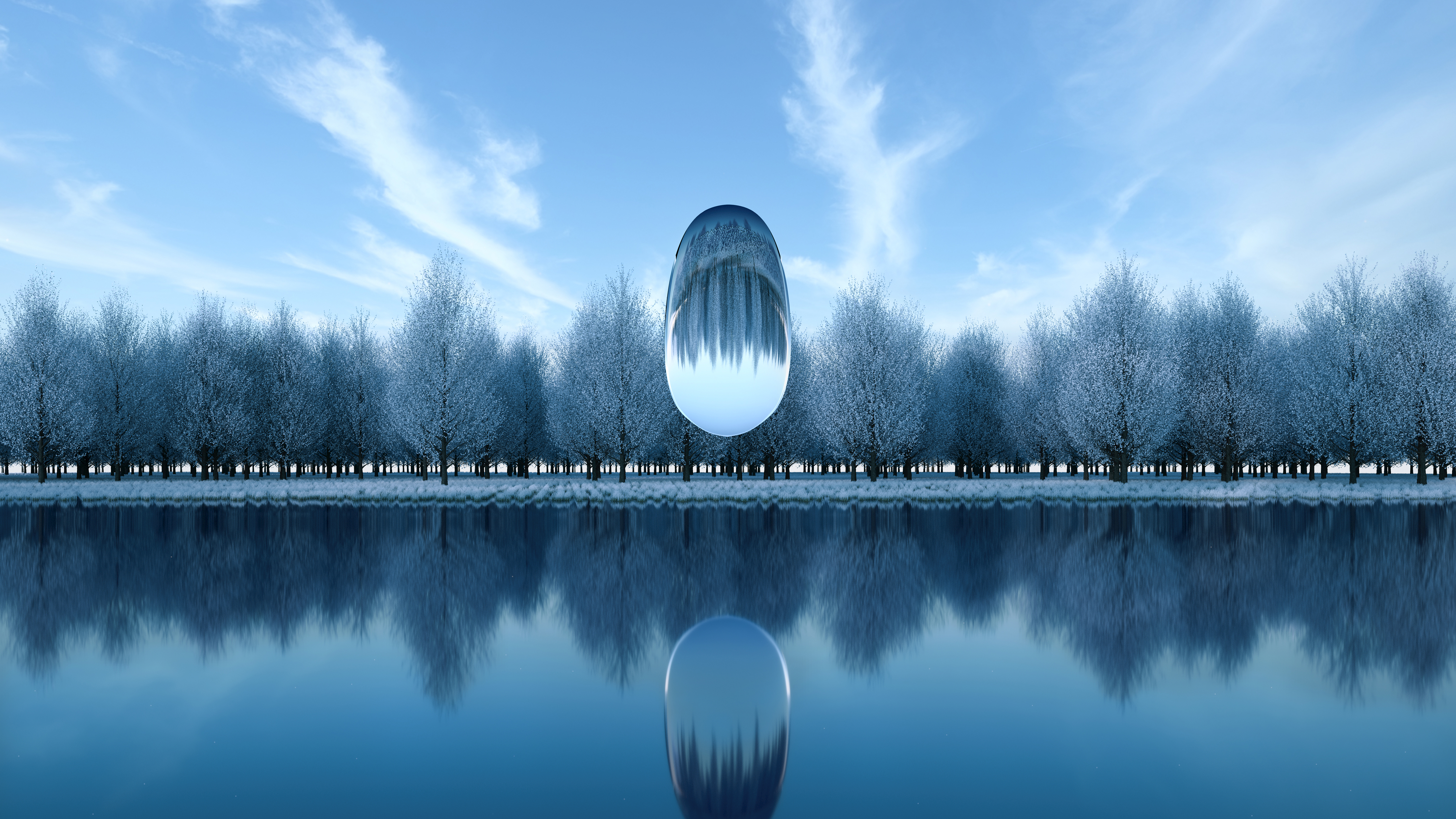 Surreal Wallpaper 4K, Winter, Frozen trees, Reflection