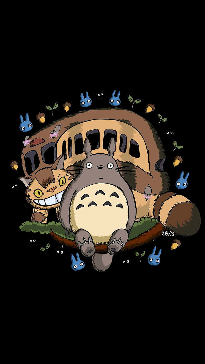 Download a totoro and a bus with birds in the background Wallpaper
