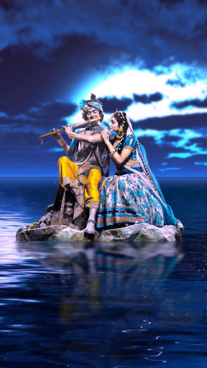 Download Krishna iPhone Romantic Moonlight Wallpaper