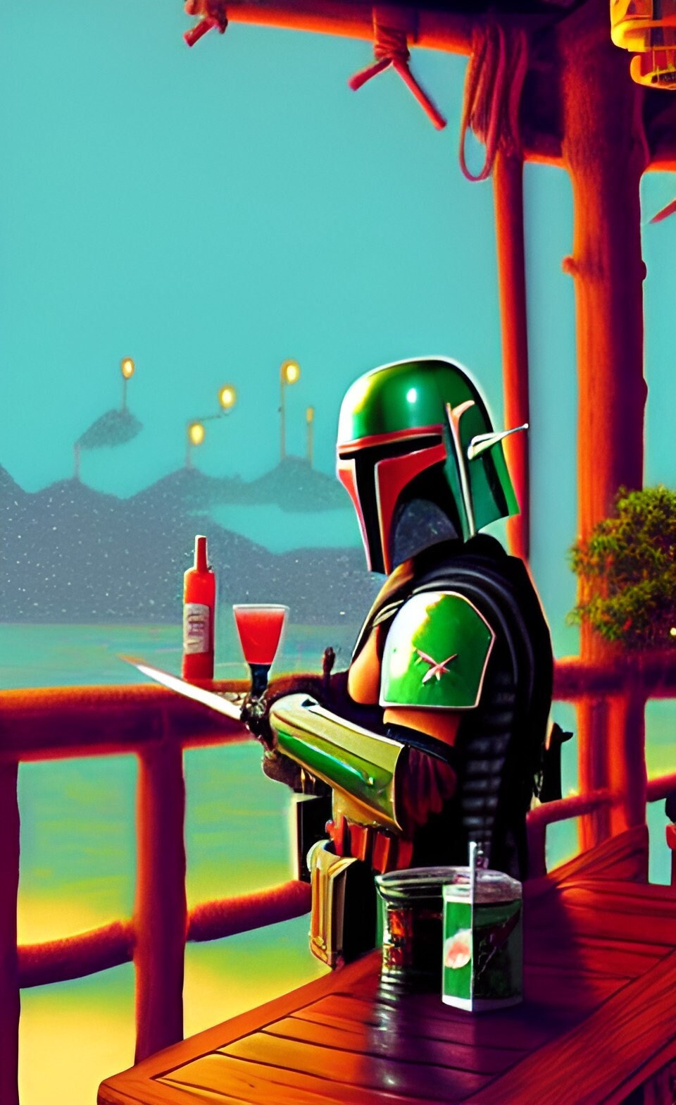 Star Wars Tiki Art Boba Fett at the Tiki Bar Original