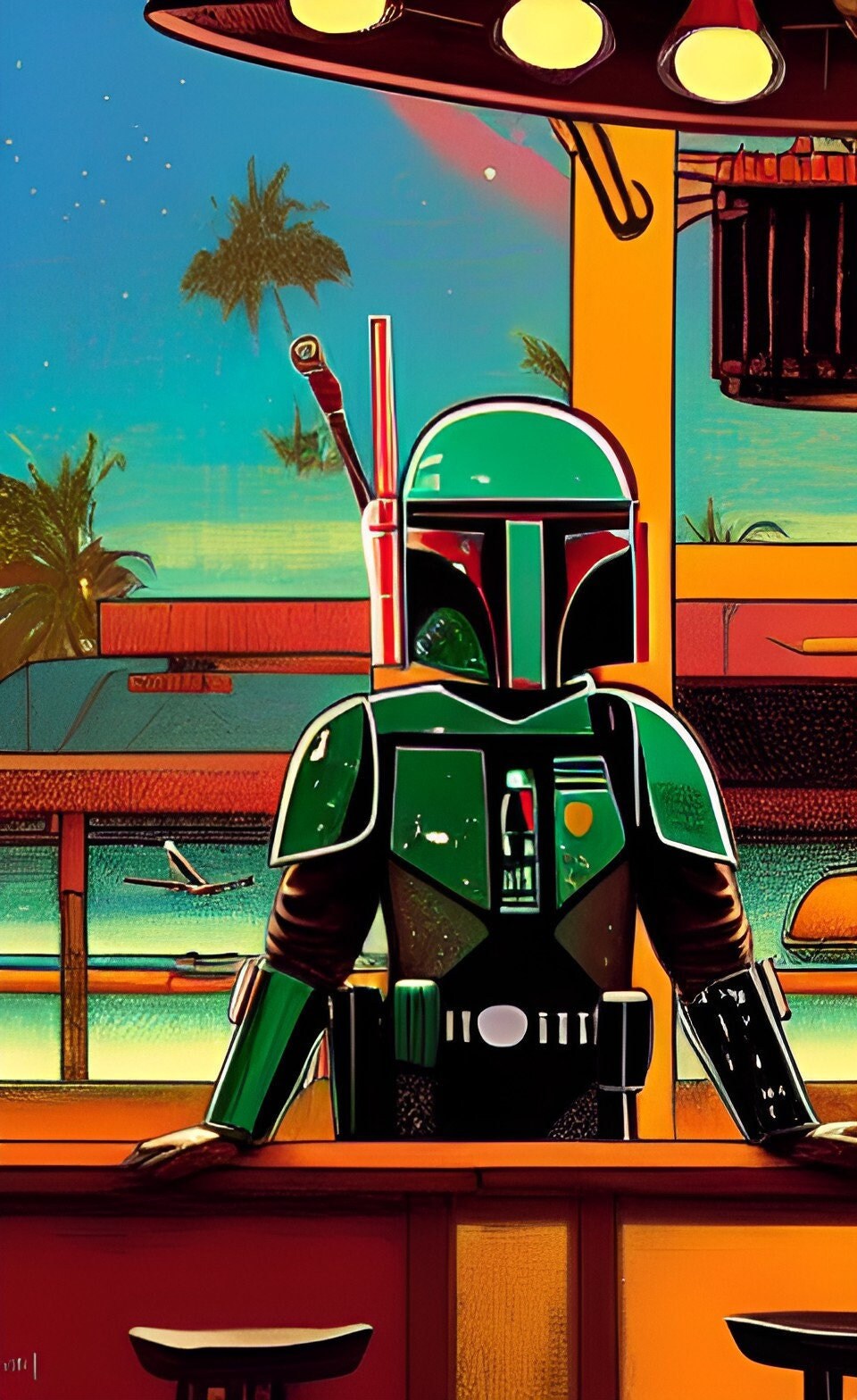 Star Wars Tiki Art Boba Fett at the Tiki Bar Original