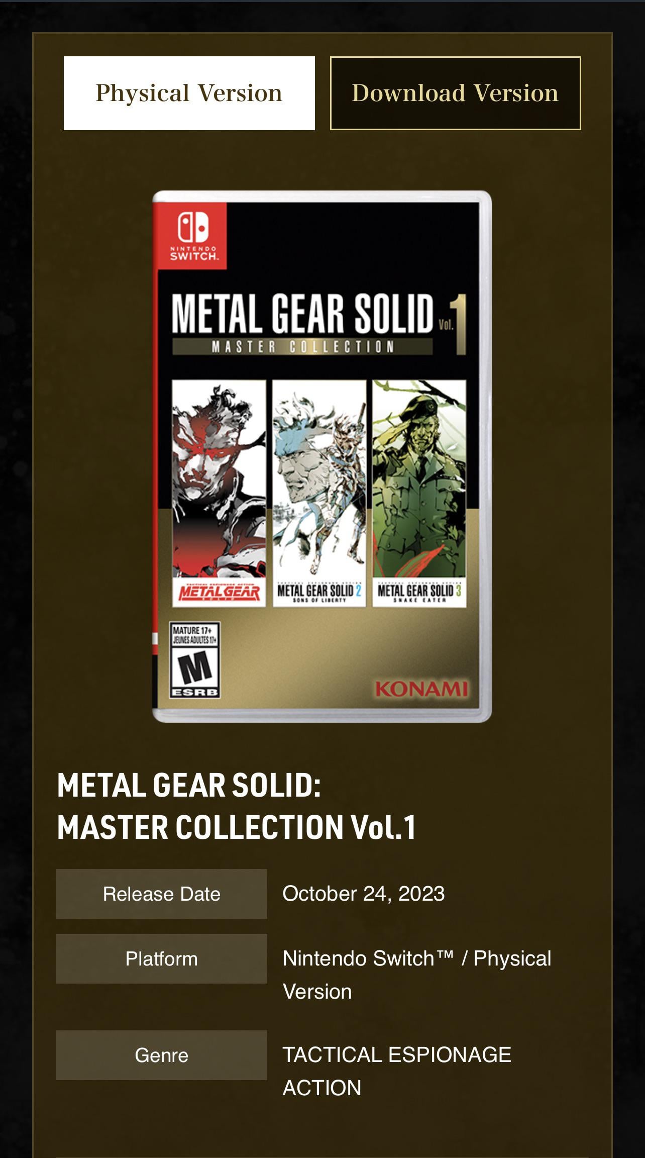 Metal Gear Solid Master Collection Vol. 1 Physical Release Information