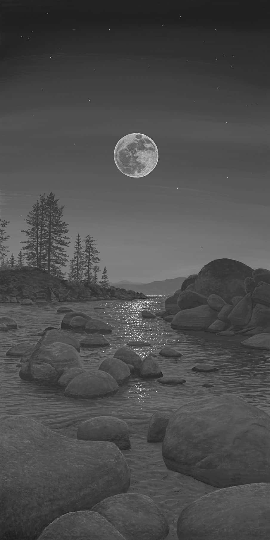 Download A Black And White Drawing Of A Moon Over A Lake Wallpaper