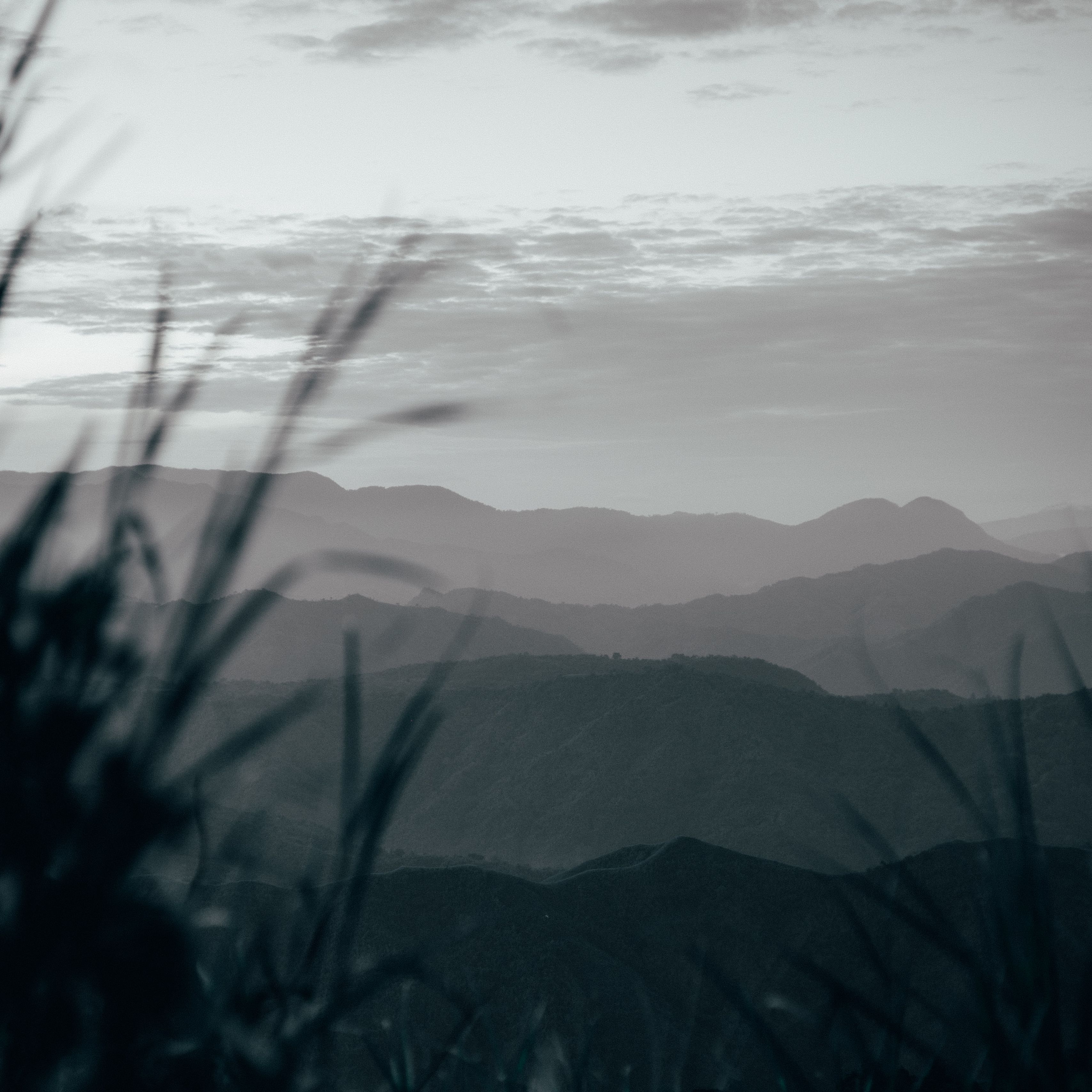 Download wallpaper 3415x3415 mountains, hills, fog, grass, landscape ipad pro 12.9 retina for parallax HD background