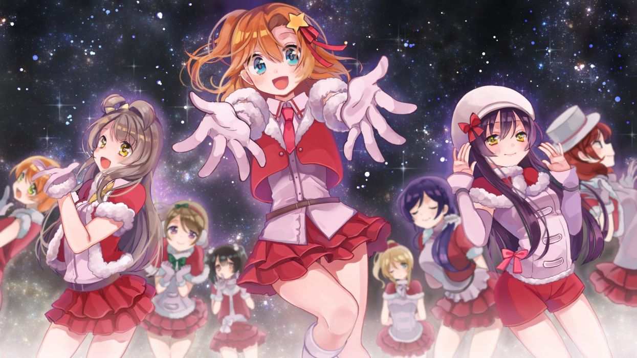 Ayase eri blue eyes brown hair christmas gloves group hat kneehighs long hair shigure ui short hair shorts skirt sonoda umi stars wink yazawa nico wallpaperx1000