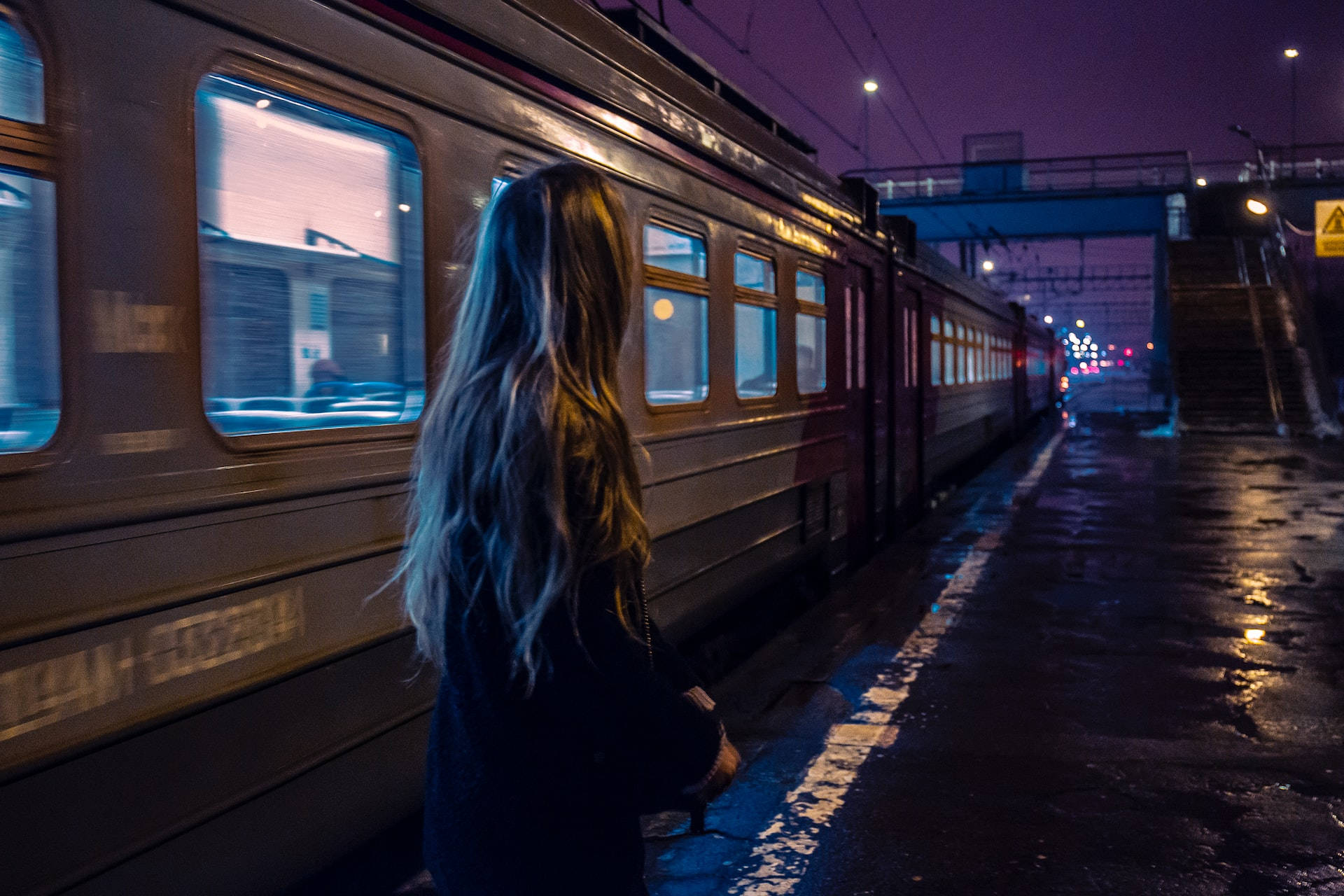 Download Night Aesthetic Woman On Train Wallpaper