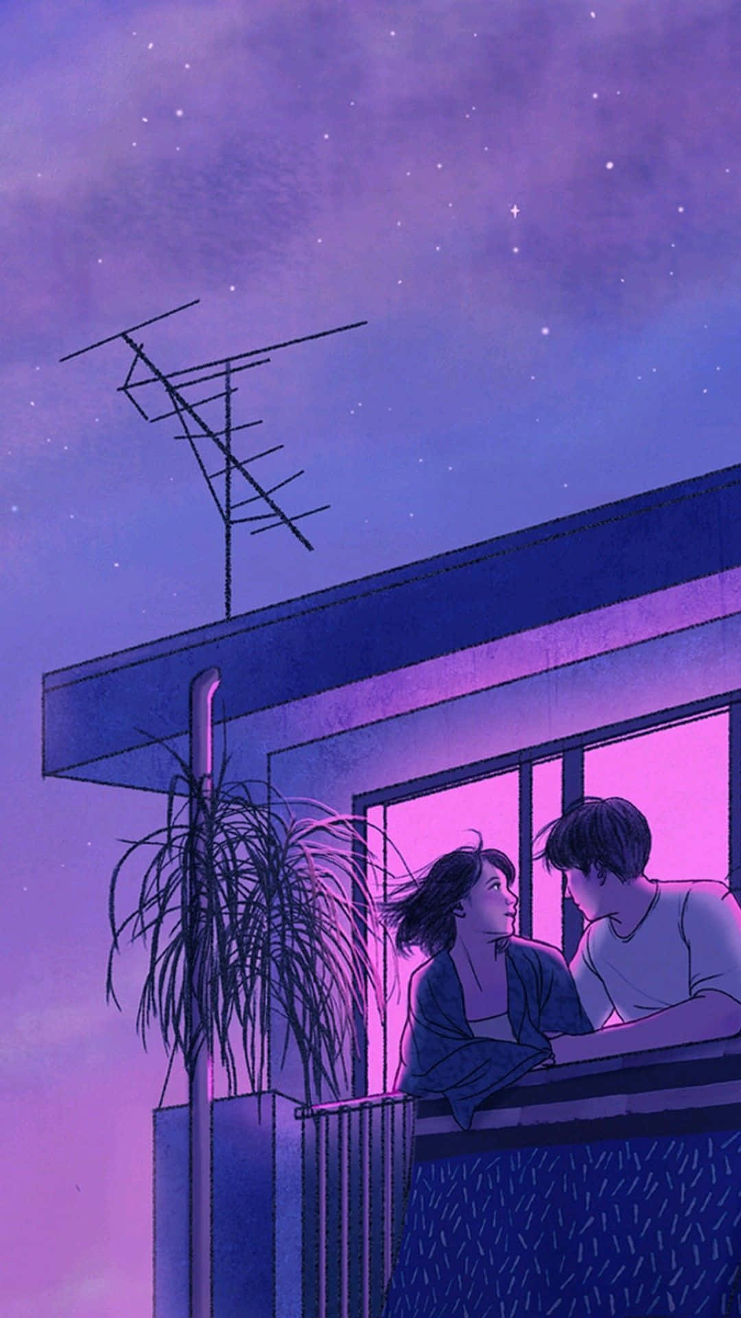 Download A Couple Sitting On A Balcony Looking At The Sky Wallpaper