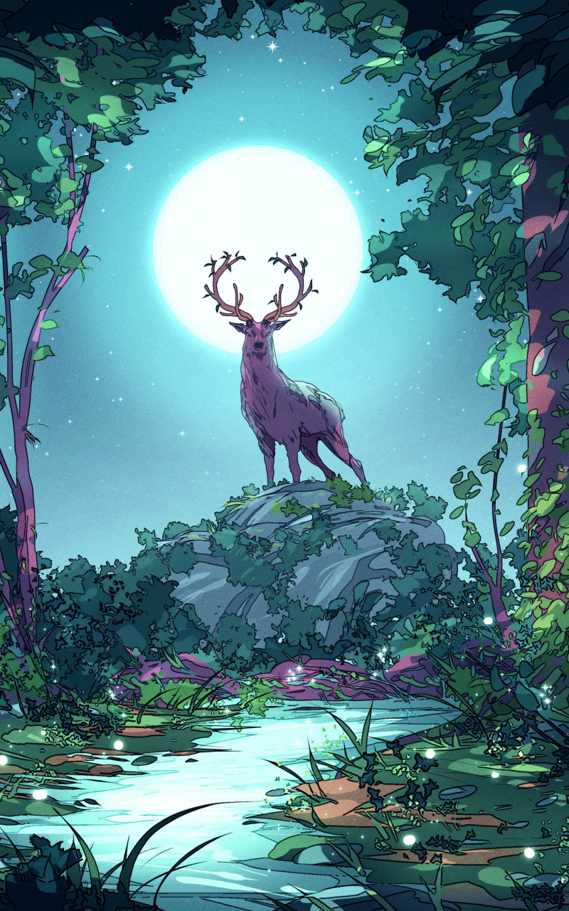 Download Wallpaper 800x1280 Deer At Forest, Moon Night, Art, Samsung Galaxy Note Gt N7000, Meizu Mx 2, 800x1280 HD Background
