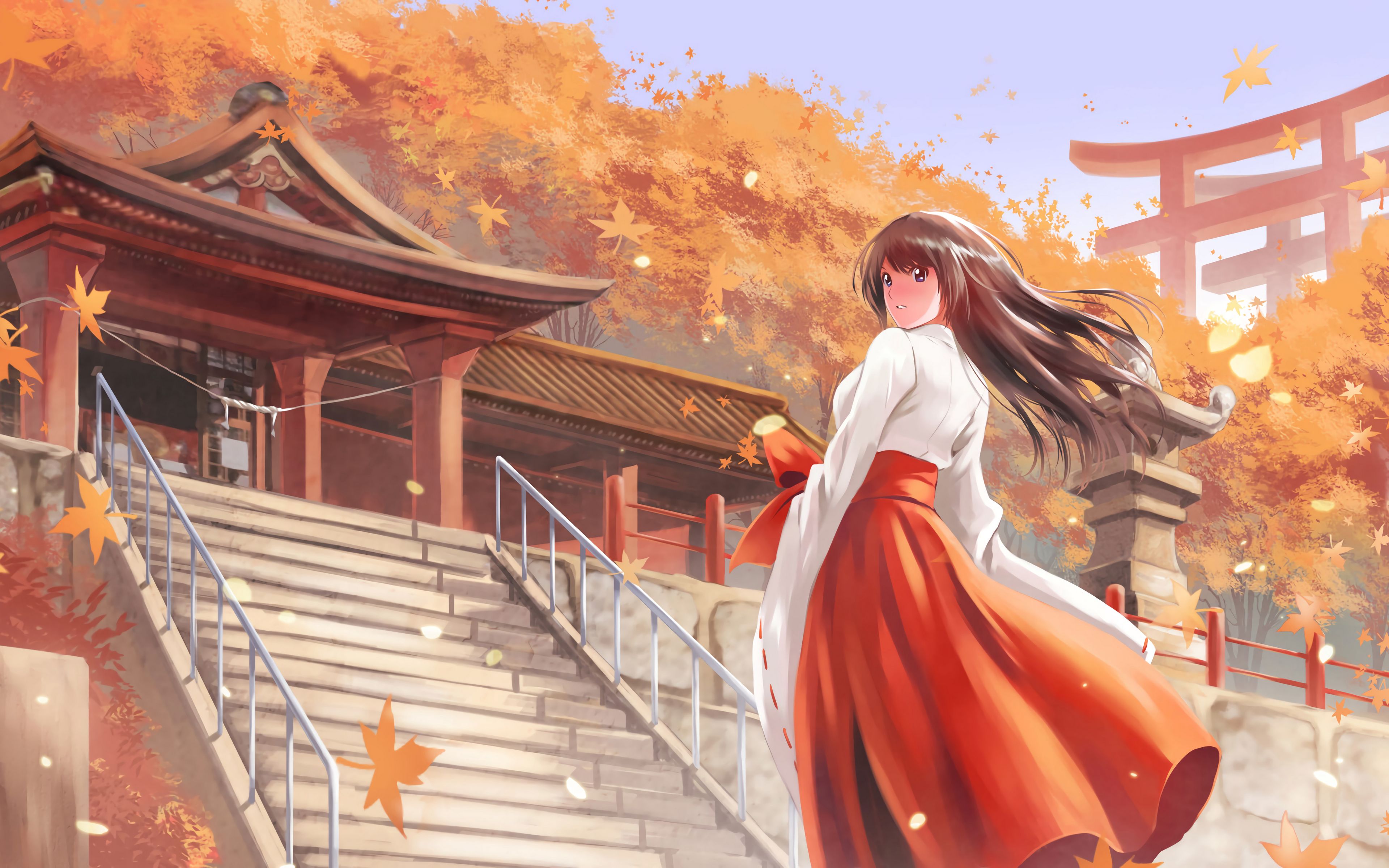 Download wallpaper 3840x2400 girl, kimono, pagoda, autumn, anime, art 4k ultra HD 16:10 HD background