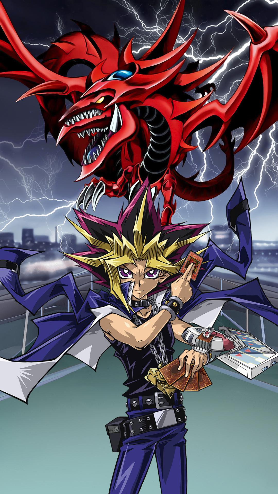 Yugi and Slifer the Sky Dragon Wallpaper. The background is the Battle City blimp