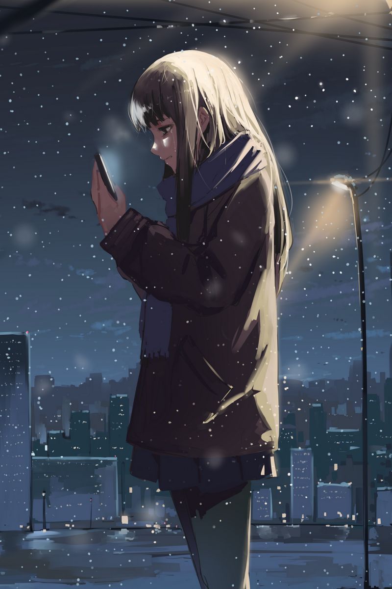 Download Wallpaper 800x1200 Girl, Phone, Snow, Winter, Anime Iphone 4s 4 For Parallax HD Background