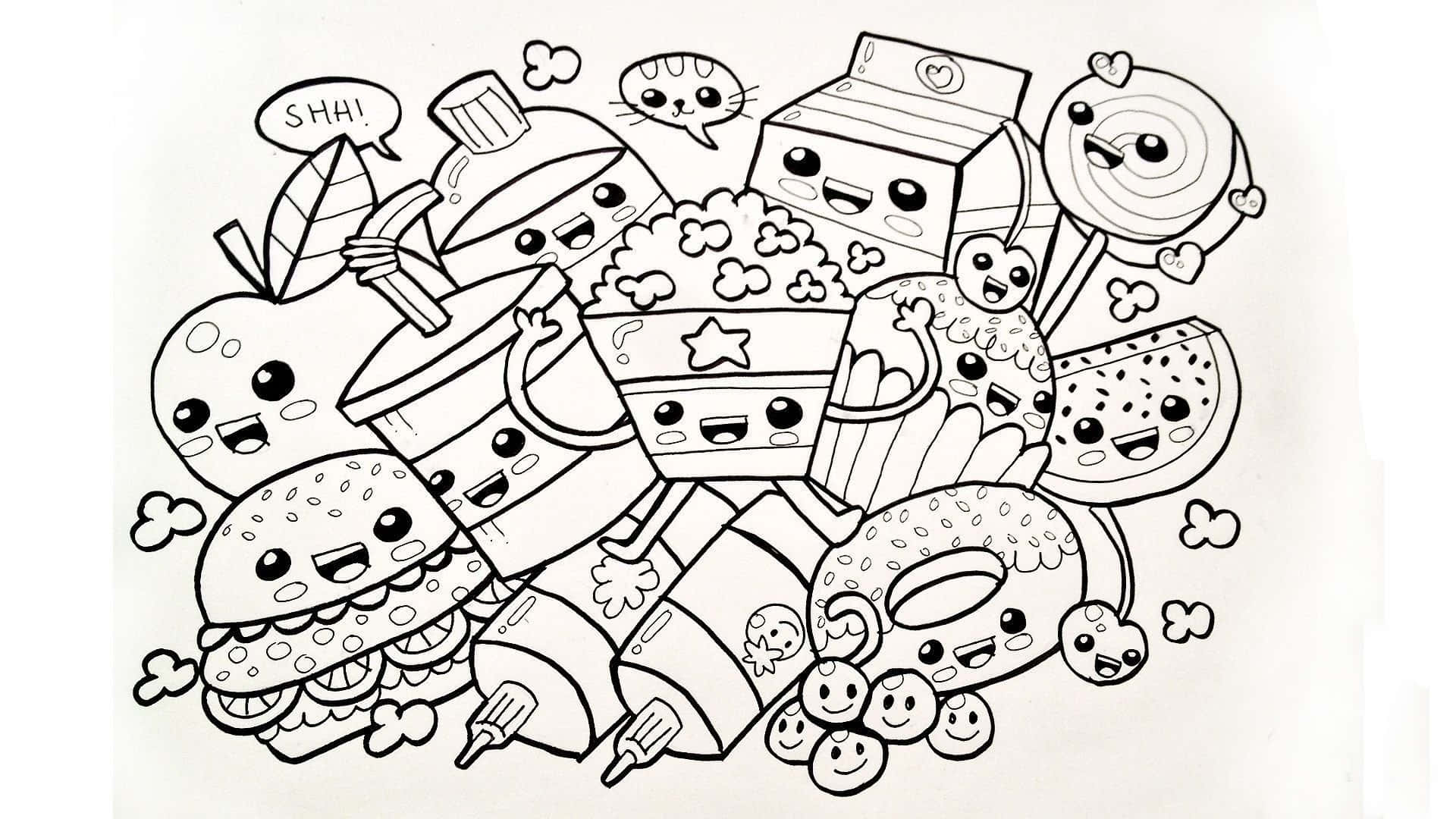 Download A Coloring Page With A Bunch Of Cartoon Characters Wallpaper