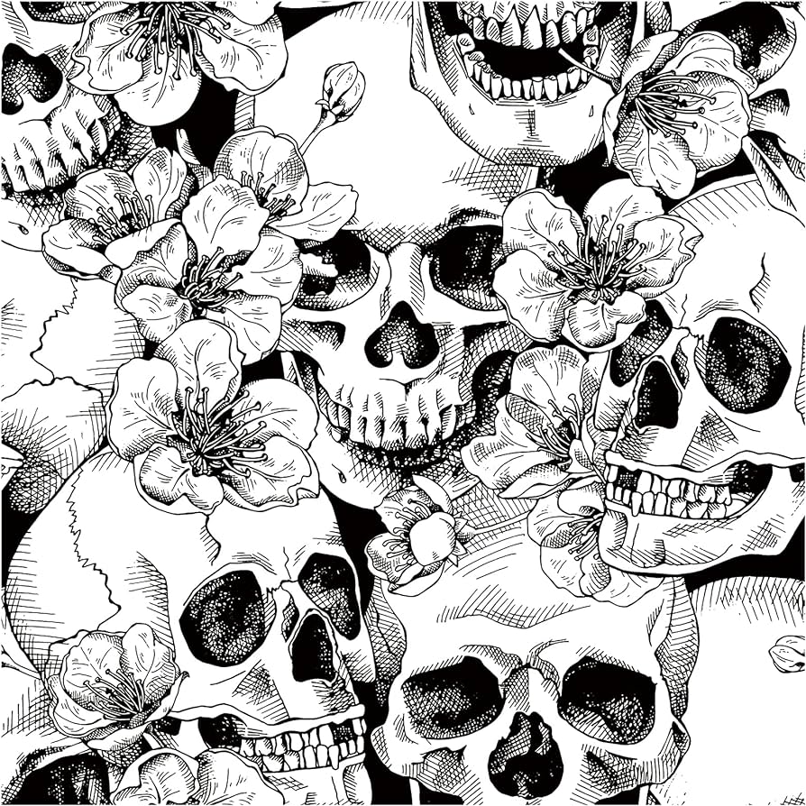 HAOKHOME 93102 Halloween Peel And Stick Wallpaper Sugar Skull Floral For Bedroom Black White Removable Accent Wall Decorations 17.7in X 9.8ft