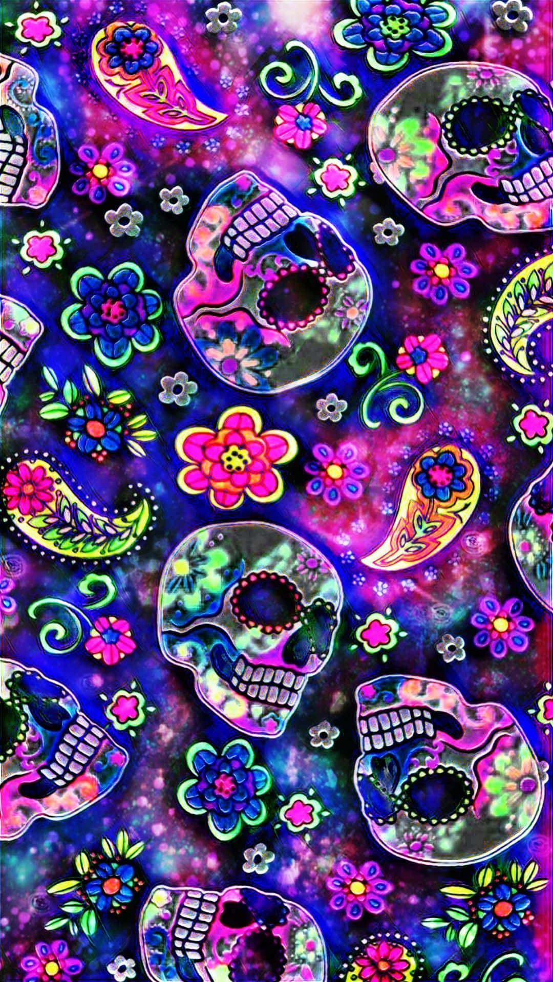 Download A Colorful Sugar Skulls And Flowers Pattern Wallpaper