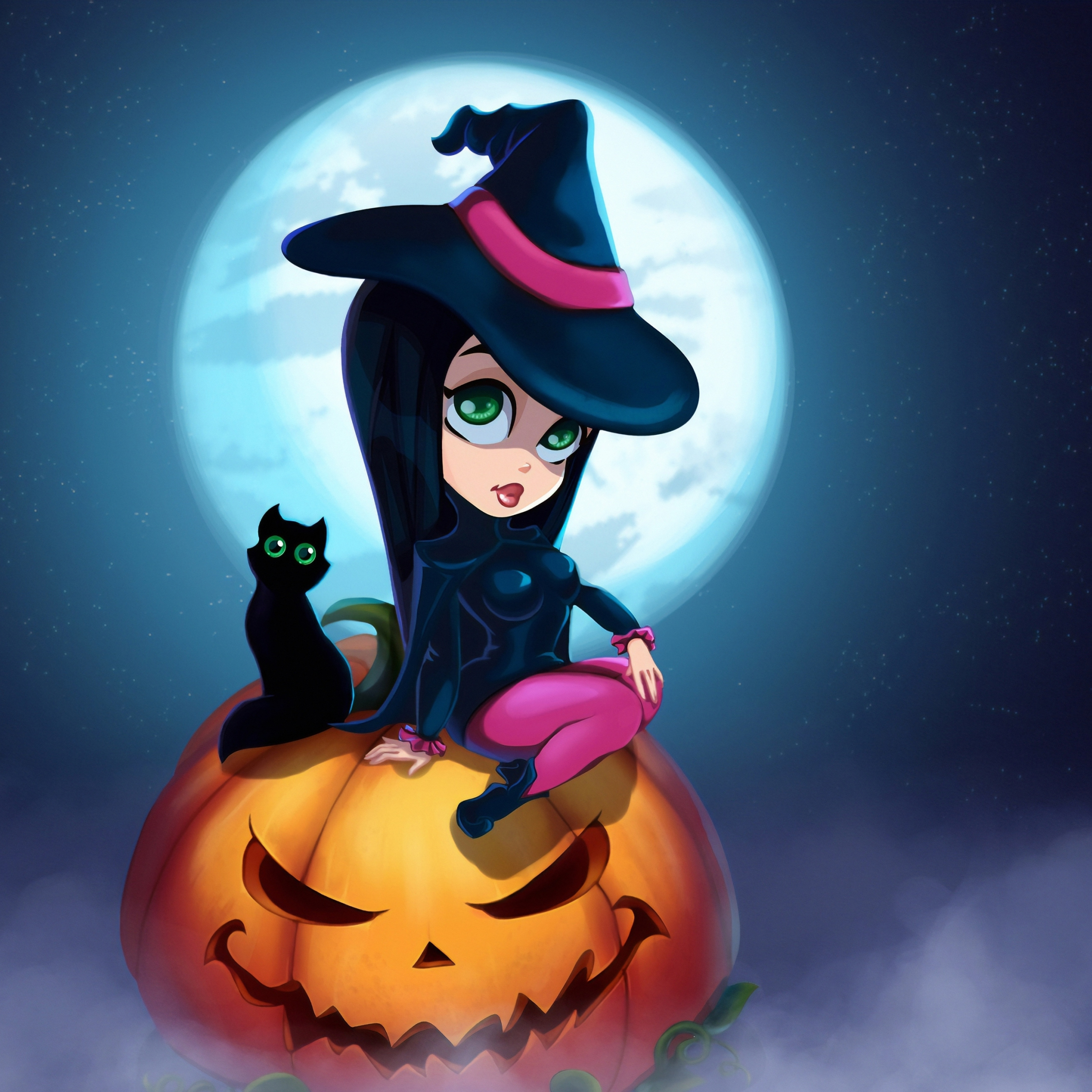 Download wallpaper 2248x2248 cute witch and kitten, halloween, art, ipad air, ipad air 2, ipad 3, ipad 4, ipad mini 2, ipad mini 3, 2248x2248 HD background, 22898