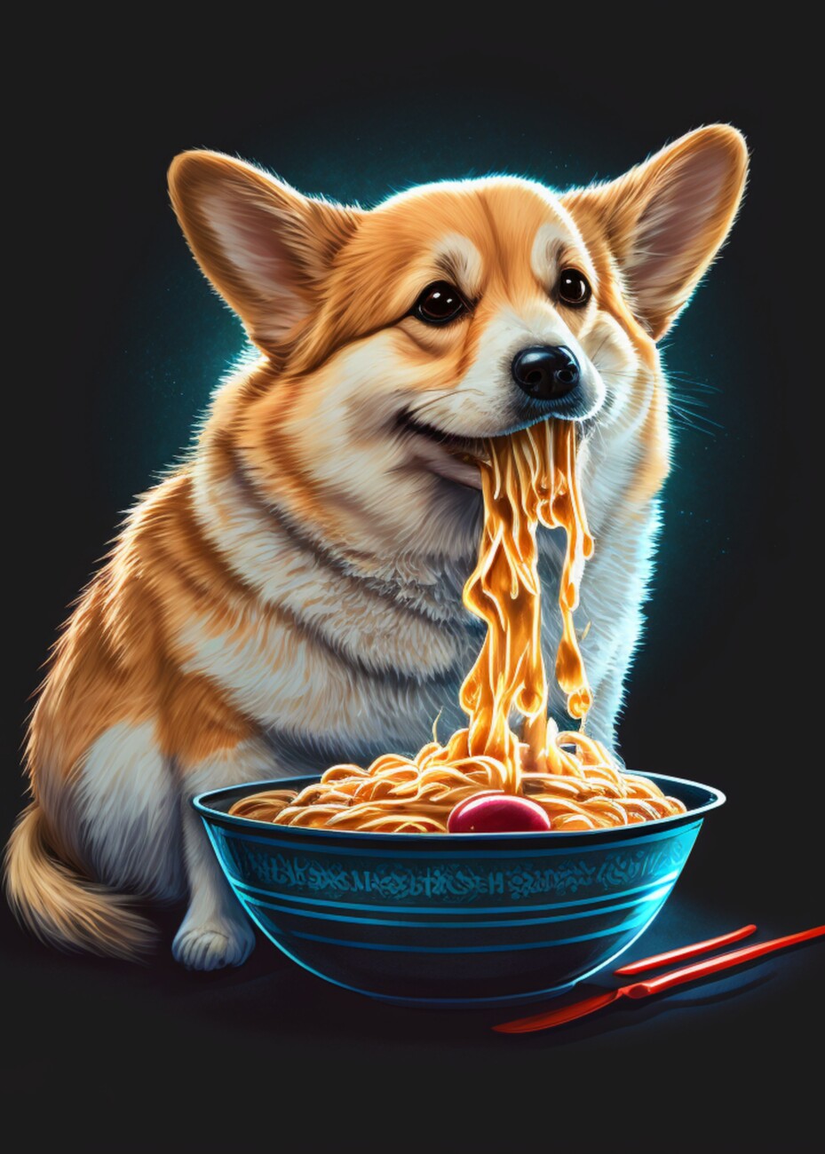 Corgi Dog Eating Ramen Illustration Wall Mural