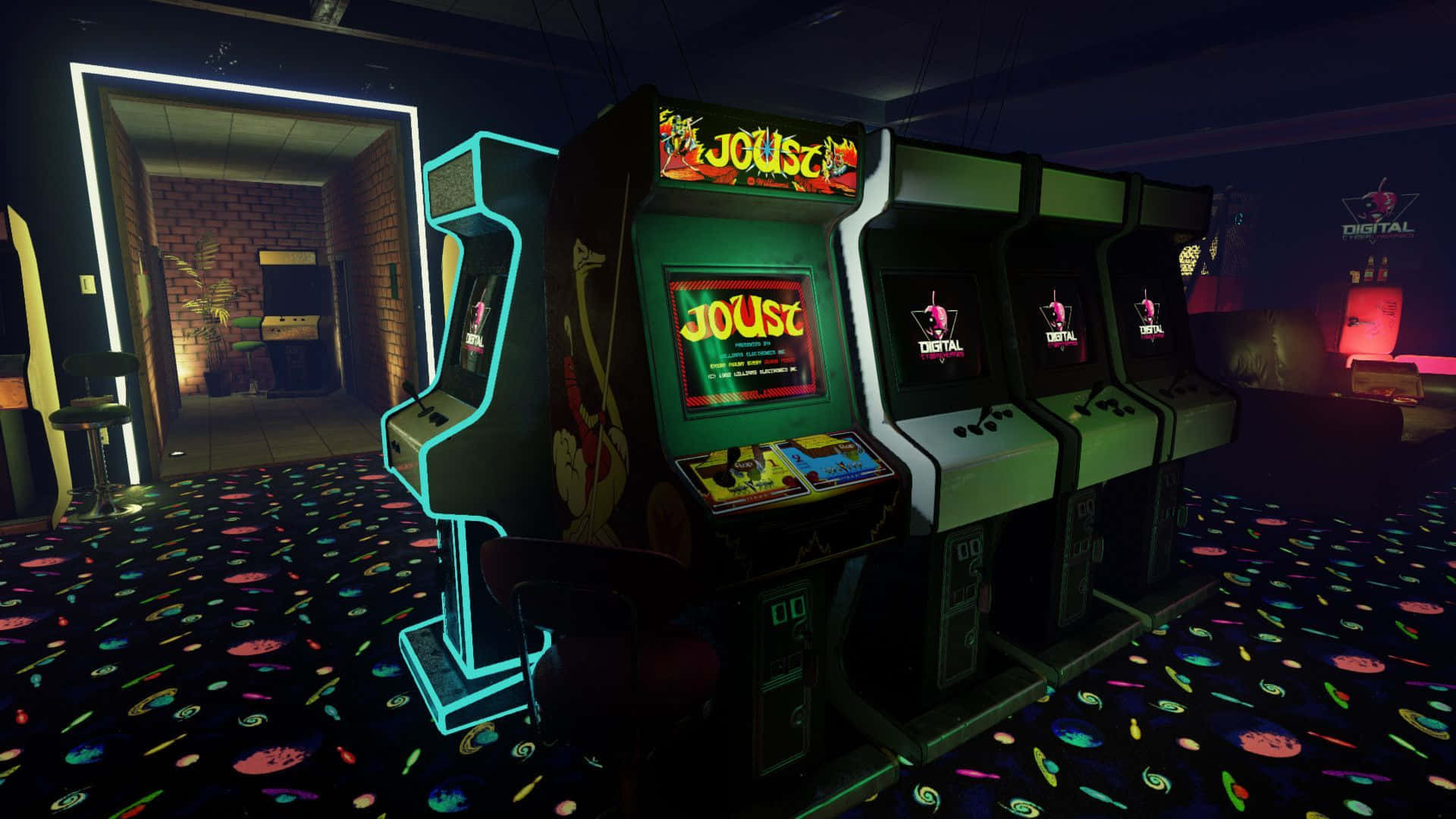 Download A Room With Several Arcade Machines And Neon Lights Wallpaper