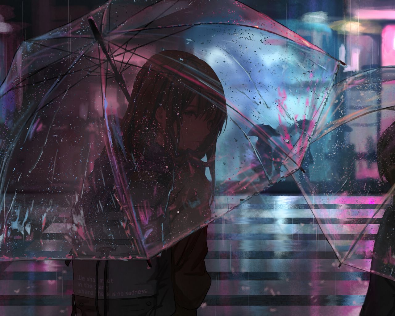 Download wallpaper 1280x1024 girl, umbrella, anime, rain, street, night standard 5:4 HD background