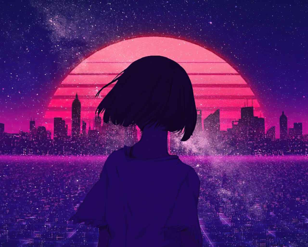 Anime girl on the background of the night metropolis Desktop wallpaper 1280x1024