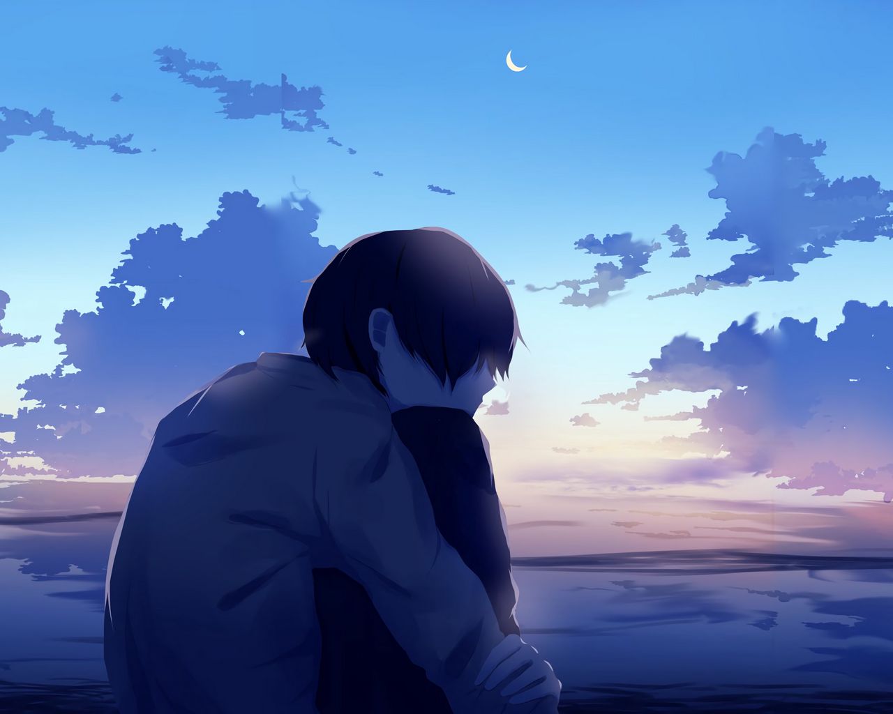 Download wallpaper 1280x1024 boy, alone, sad, anime standard 5:4 HD background