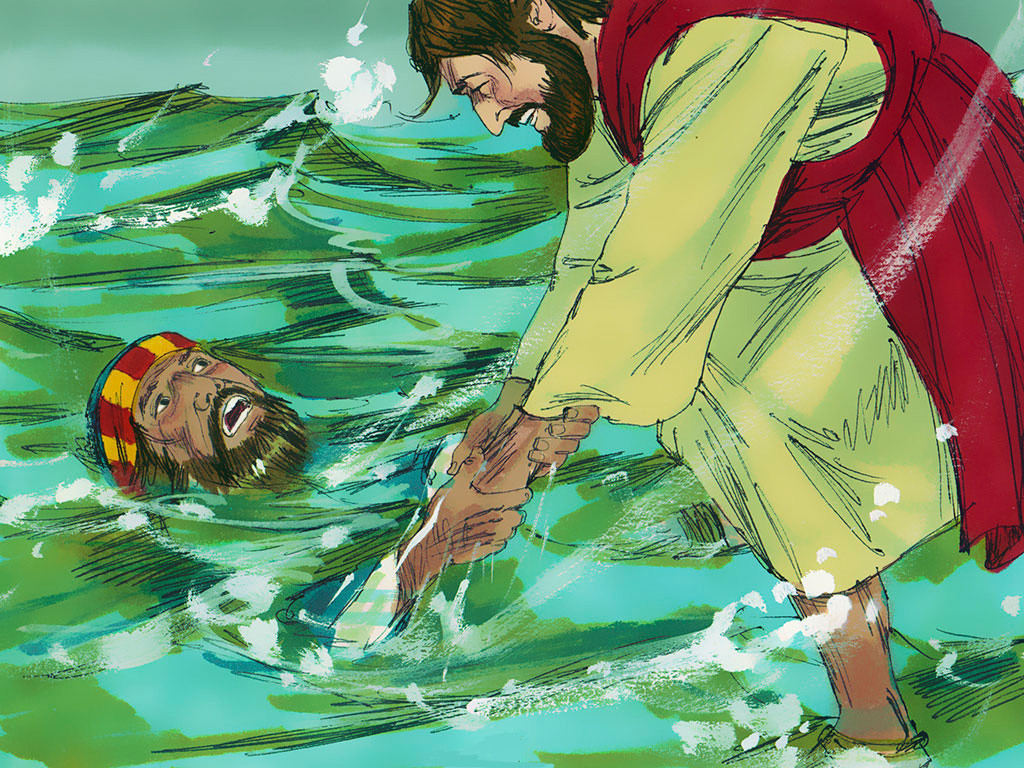 FreeBibleimage - Jesus Walks On Water - Peter Walks On Water And Is Rescued By Jesus (Matthew 14:22 36, Mark 6:45 56, John 6:16 24)
