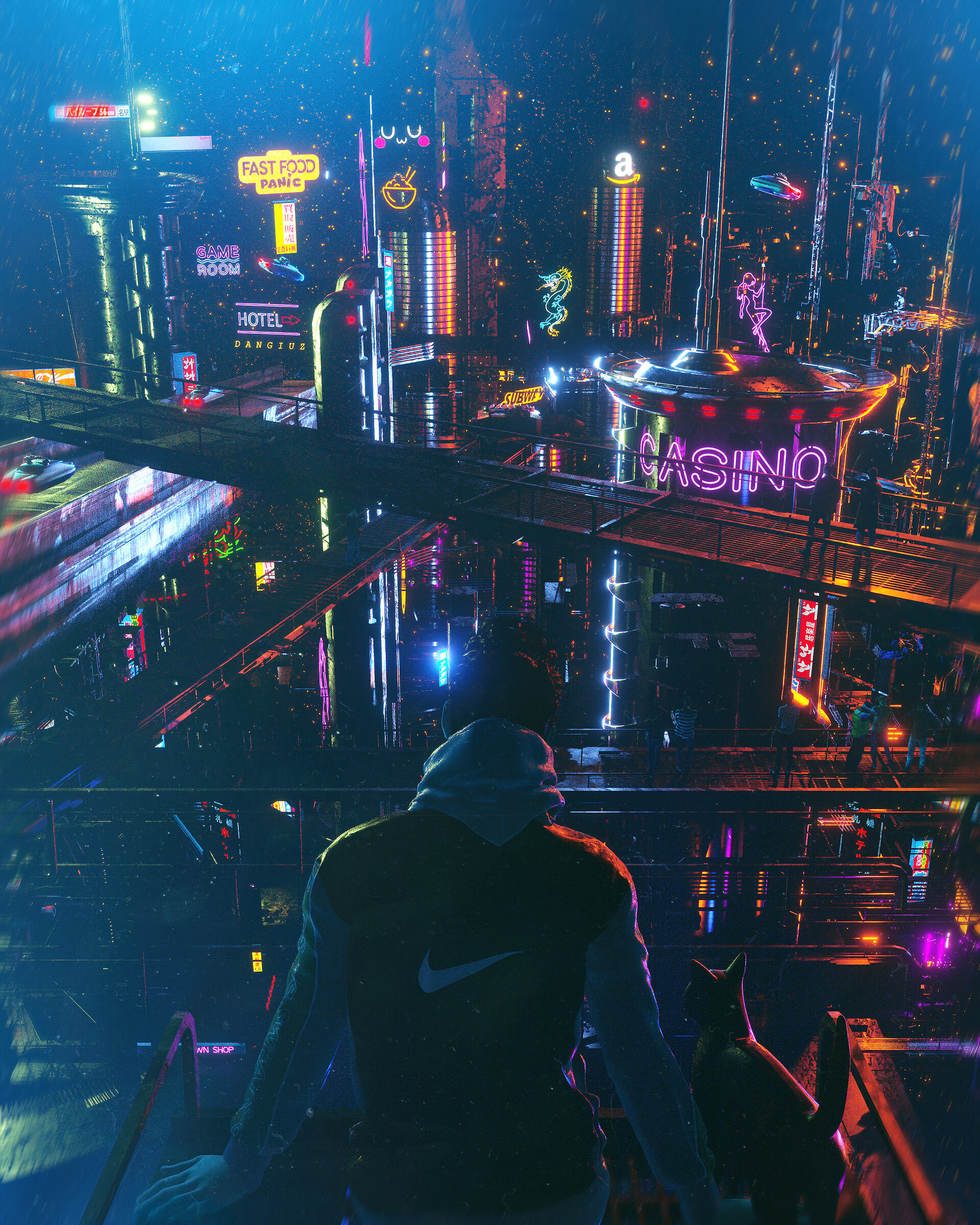 artwork, digital art, cyber city, cyberpunk, catsx2400 Wallpaper