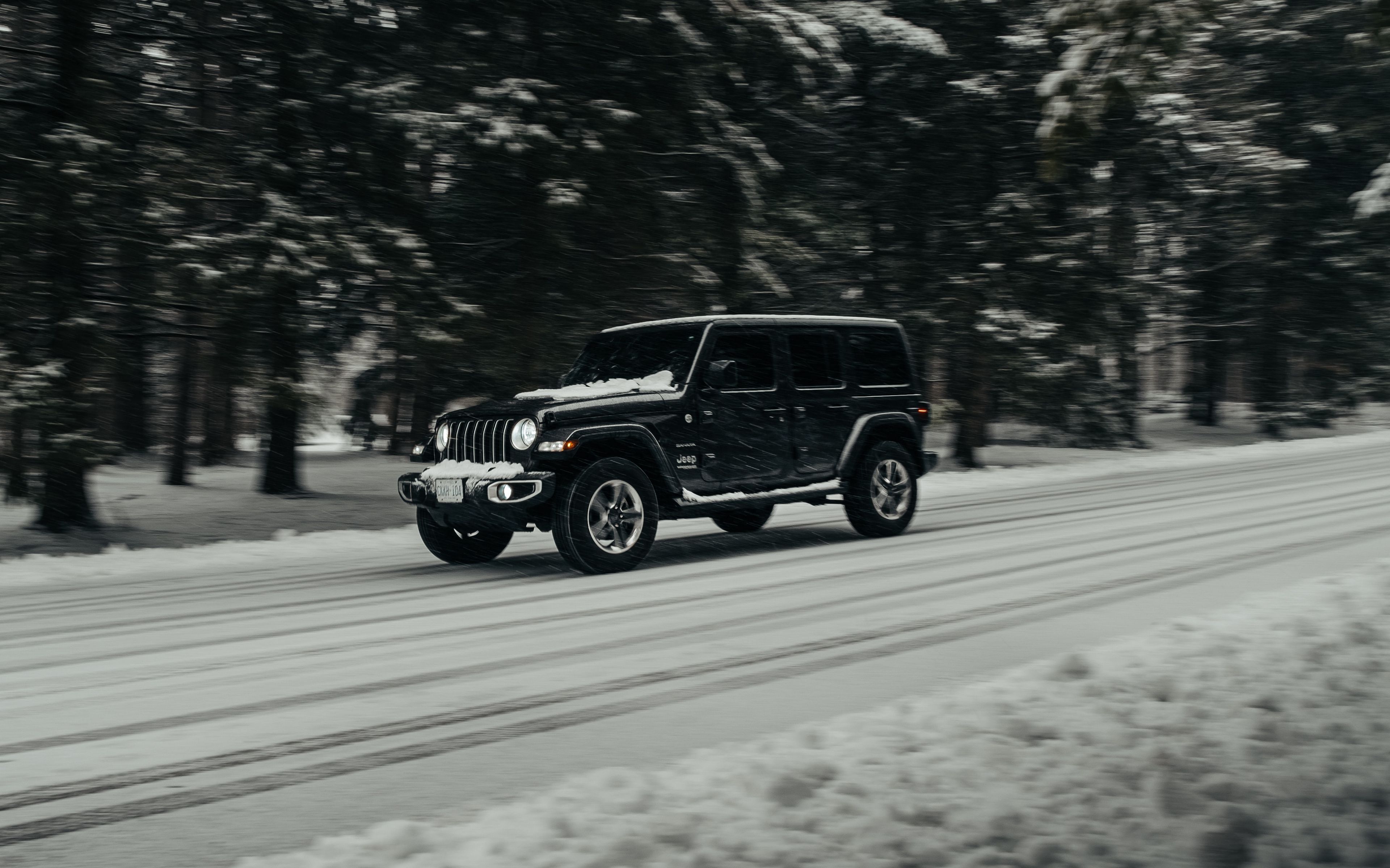 Download wallpaper 3840x2400 jeep wrangler, jeep, car, suv, black, road, snow 4k ultra HD 16:10 HD background