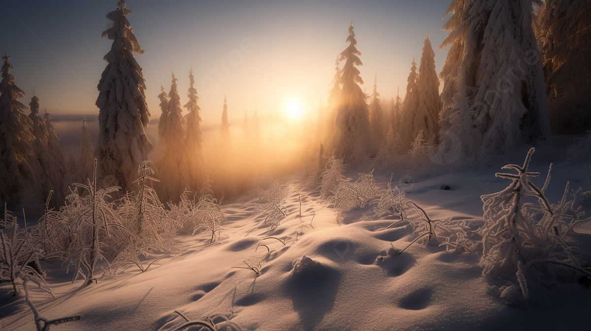 The Sun Is Breaking Through A Forest Covered In Snow Background, Best Winter Picture Background Image And Wallpaper for Free Download