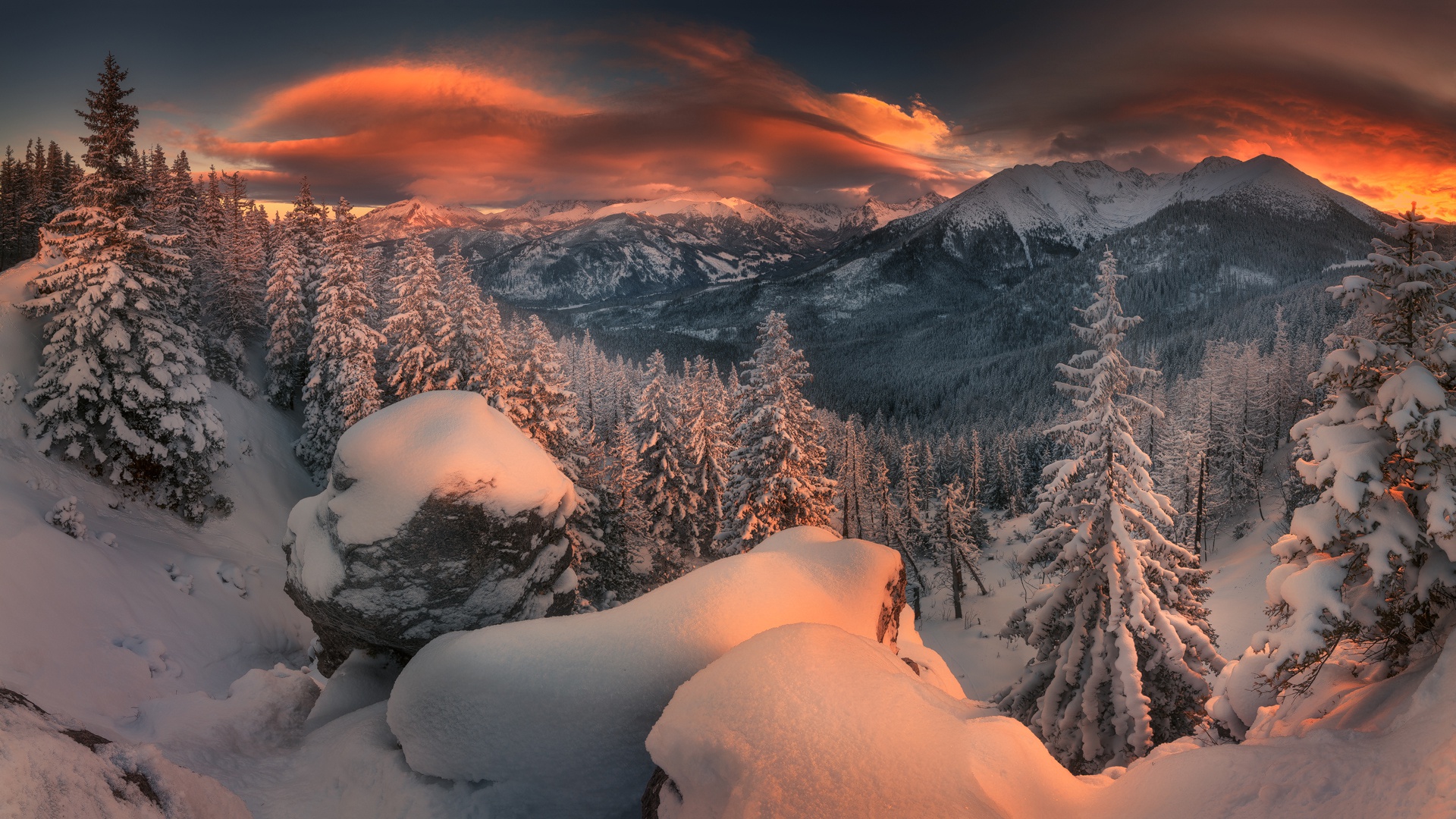 HD desktop wallpaper: Winter, Nature, Sunset, Snow, Mountain, Forest, Earth download free picture