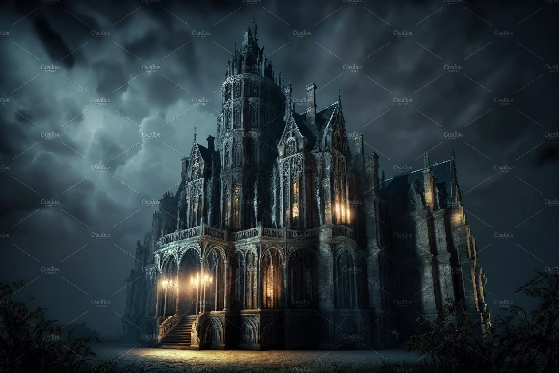 Haunted Gothic castle at night, old. Illustrations Creative Market