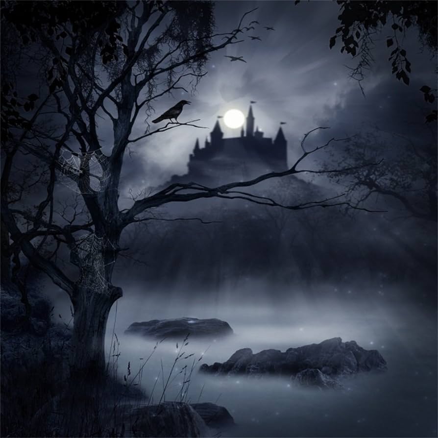 Amazon.com, Laeacco Halloween Theme Backdrop 8x8ft Vinyl Photography Background Ghastly Moonlight Foggy Wood Creepy River Haunted Castle Decayed Tree Cobweb Scene Trick Or Treat Party Poster Baby Shoot