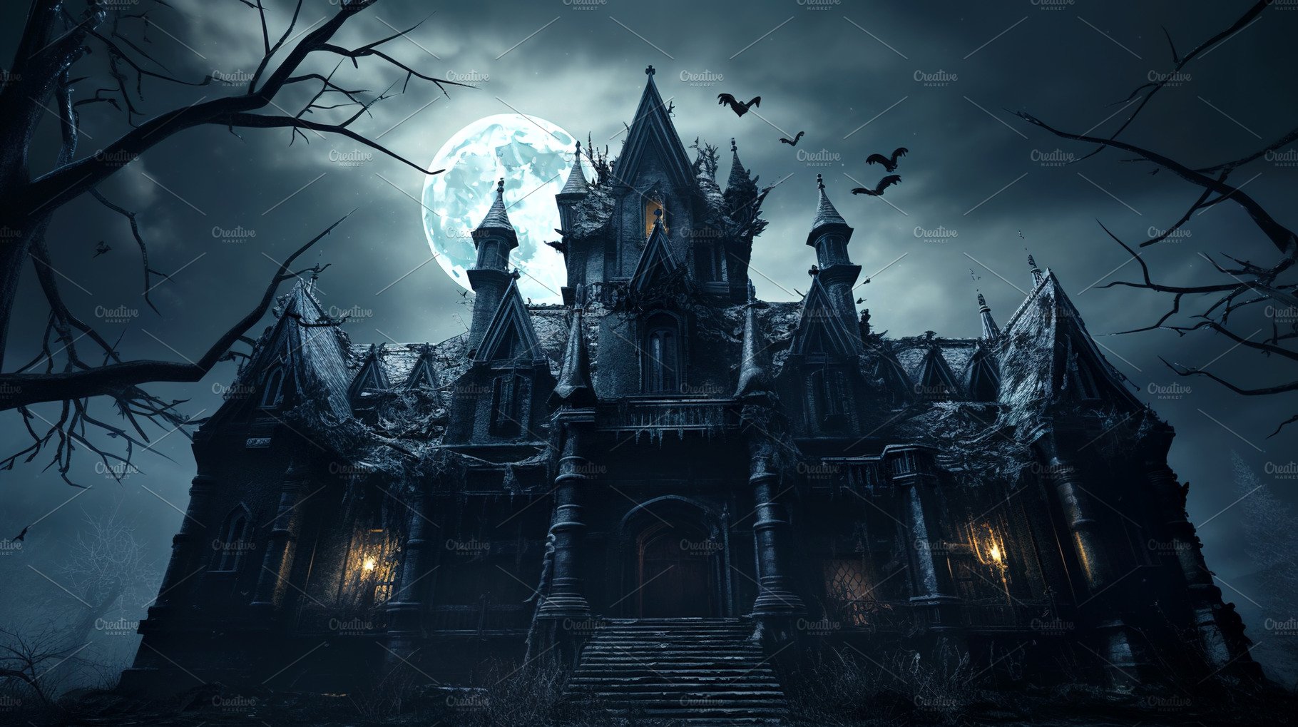 Haunted scary Gothic castle at night. Illustrations Creative Market
