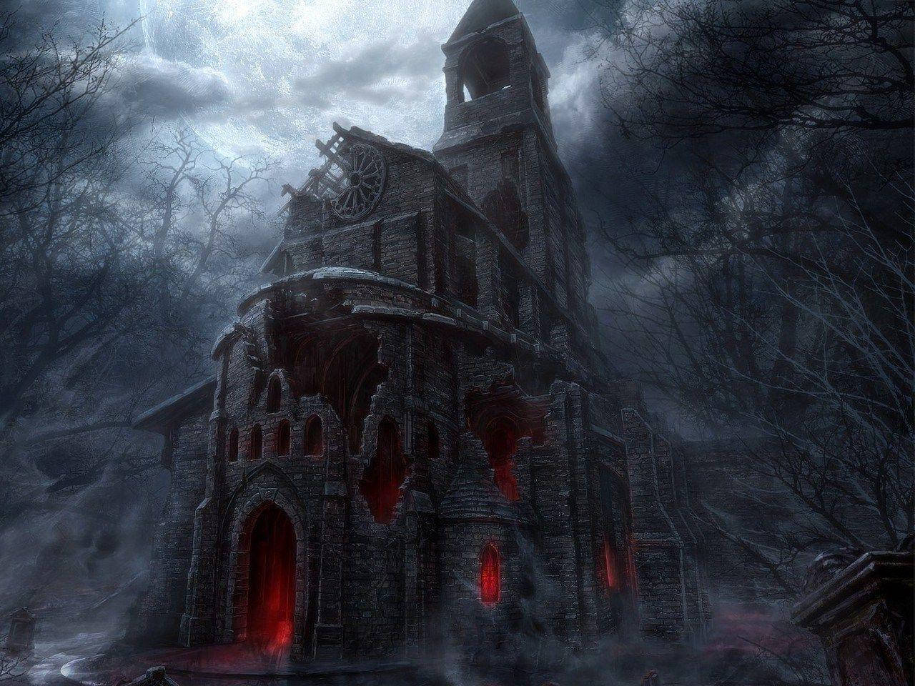 Download Spooky shadows lurk around this Haunted House on Halloween Night Wallpaper