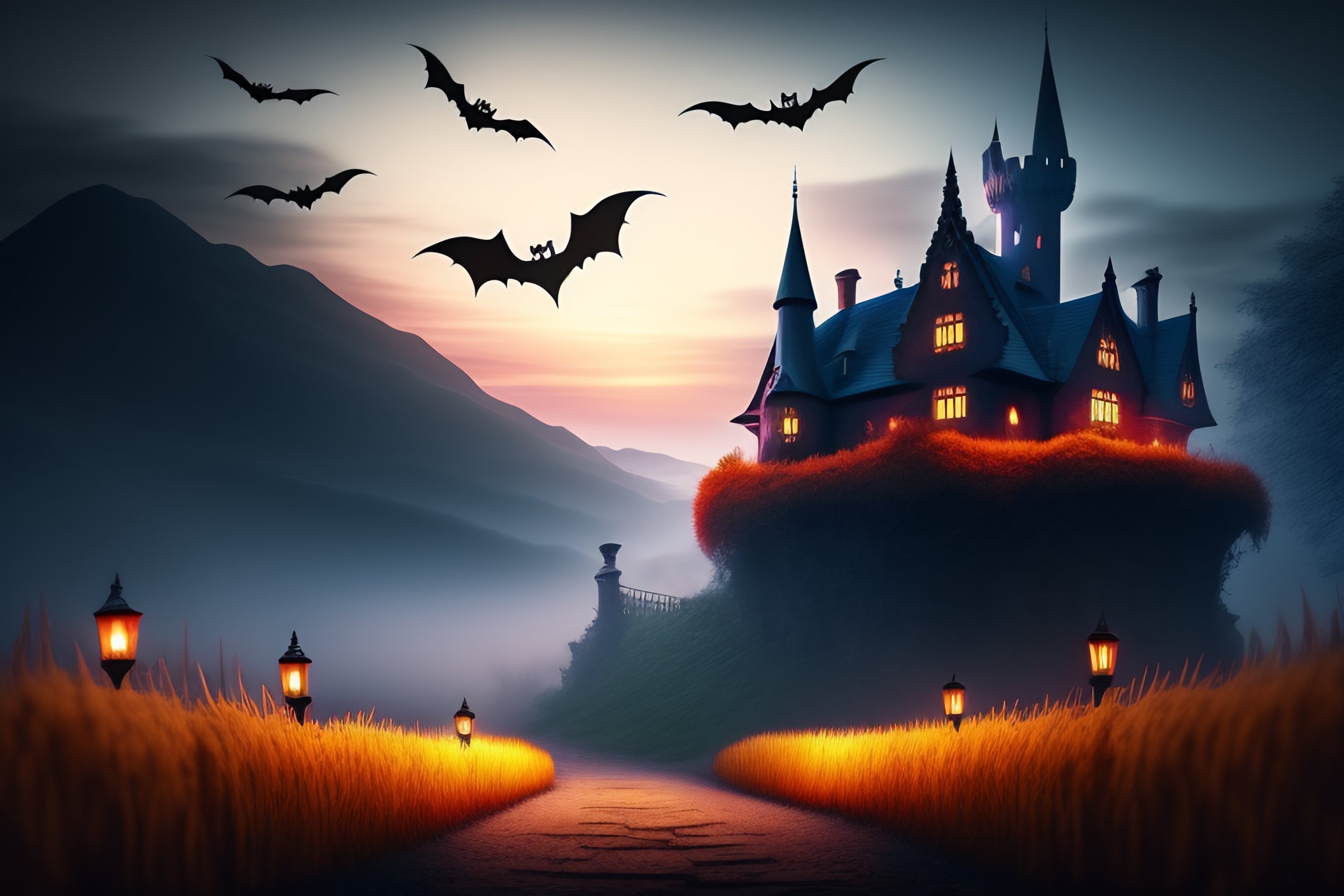 Thumbnail background for a halloween YouTube channel with a dark and gothic castle
