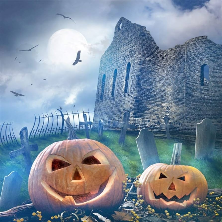 Amazon.com, Leyiyi 4x4ft Happy Halloween Backdrop Gothic Castle Abandoned Medival Building Pumpkin Lanterns Full Moon Graveyard Cross Photography Background Costume Carnival Photo Studio Prop Vinyl Wallpaper