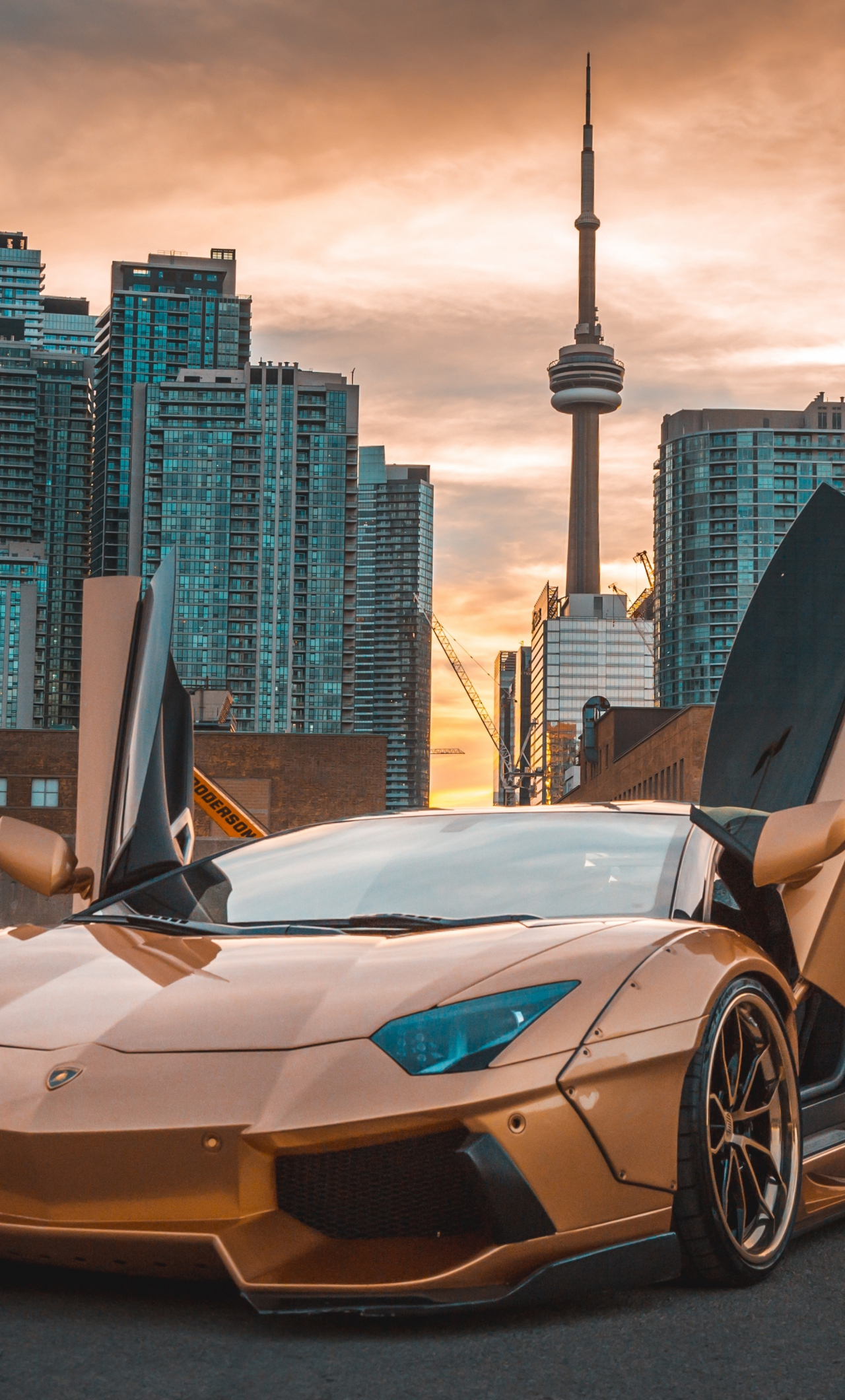 Download wallpaper 1280x2120 golden lamborghini aventador, cn tower, iphone 6 plus, 1280x2120 HD background, 19764