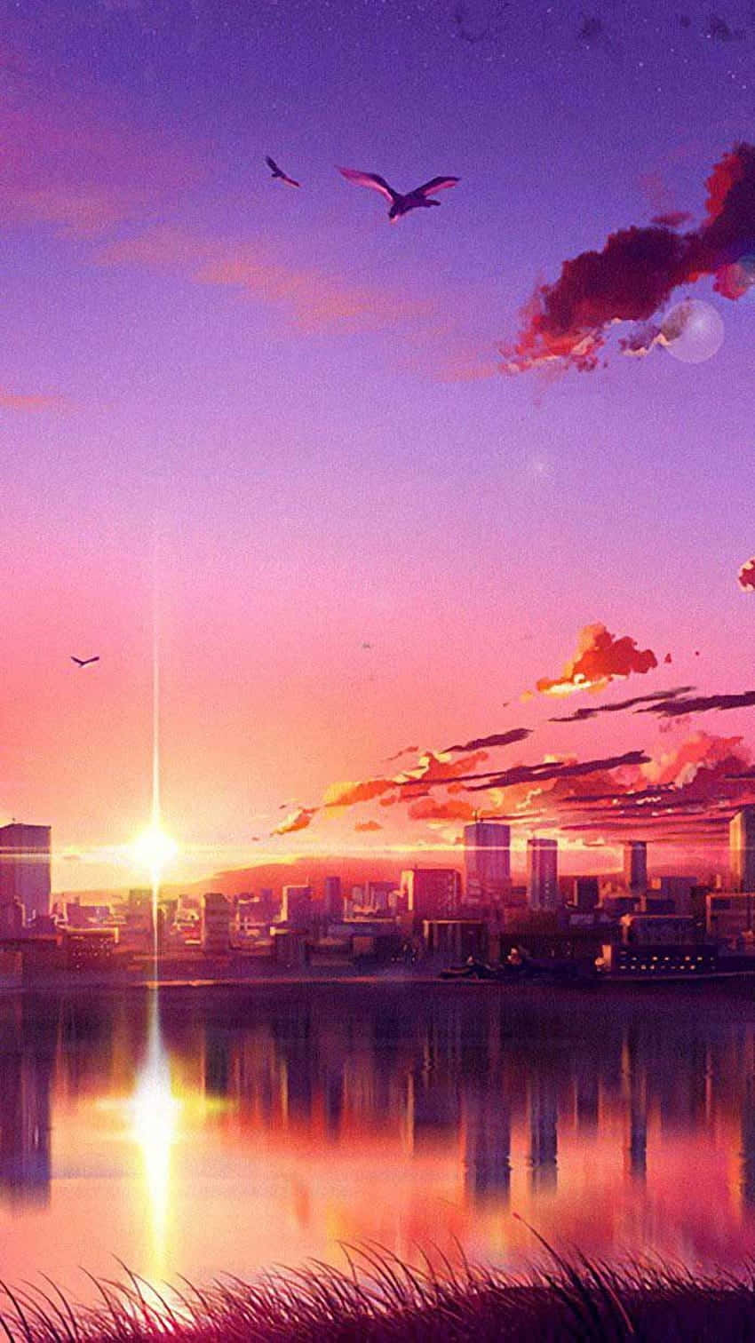 Download Capture this vibrant magical moment of an Anime Sunset seen through a phone. Wallpaper