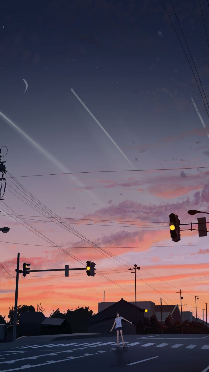 Sunset, street, original, anime girl, mood, 720x1280 wallpaper. Anime scenery wallpaper, Anime scenery, Beautiful landscape wallpaper