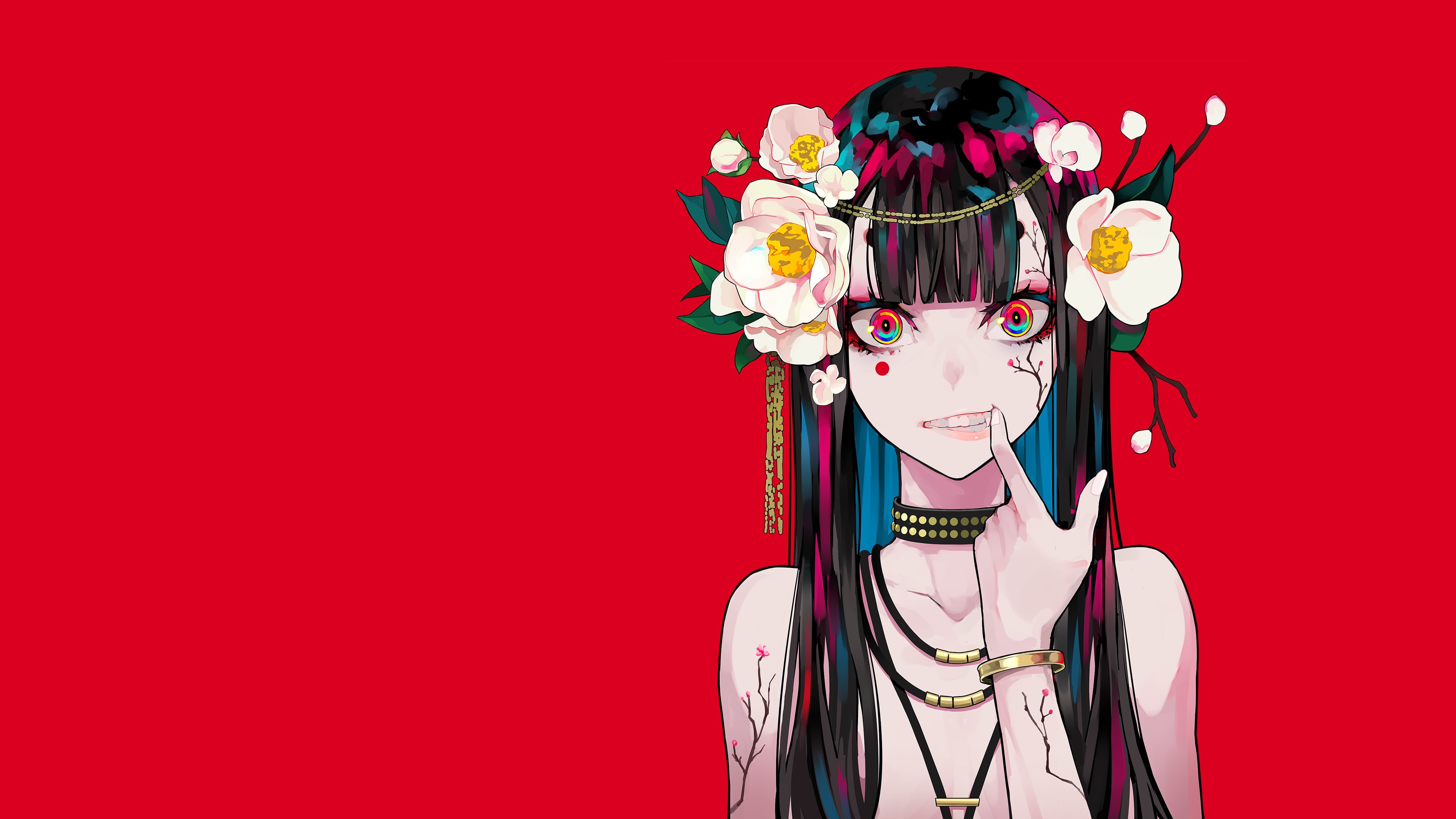 Wallpaper / anime girls, simple background, red background, 4K, anime, minimalism, colorful, flower in hair, artwork Wallpaper