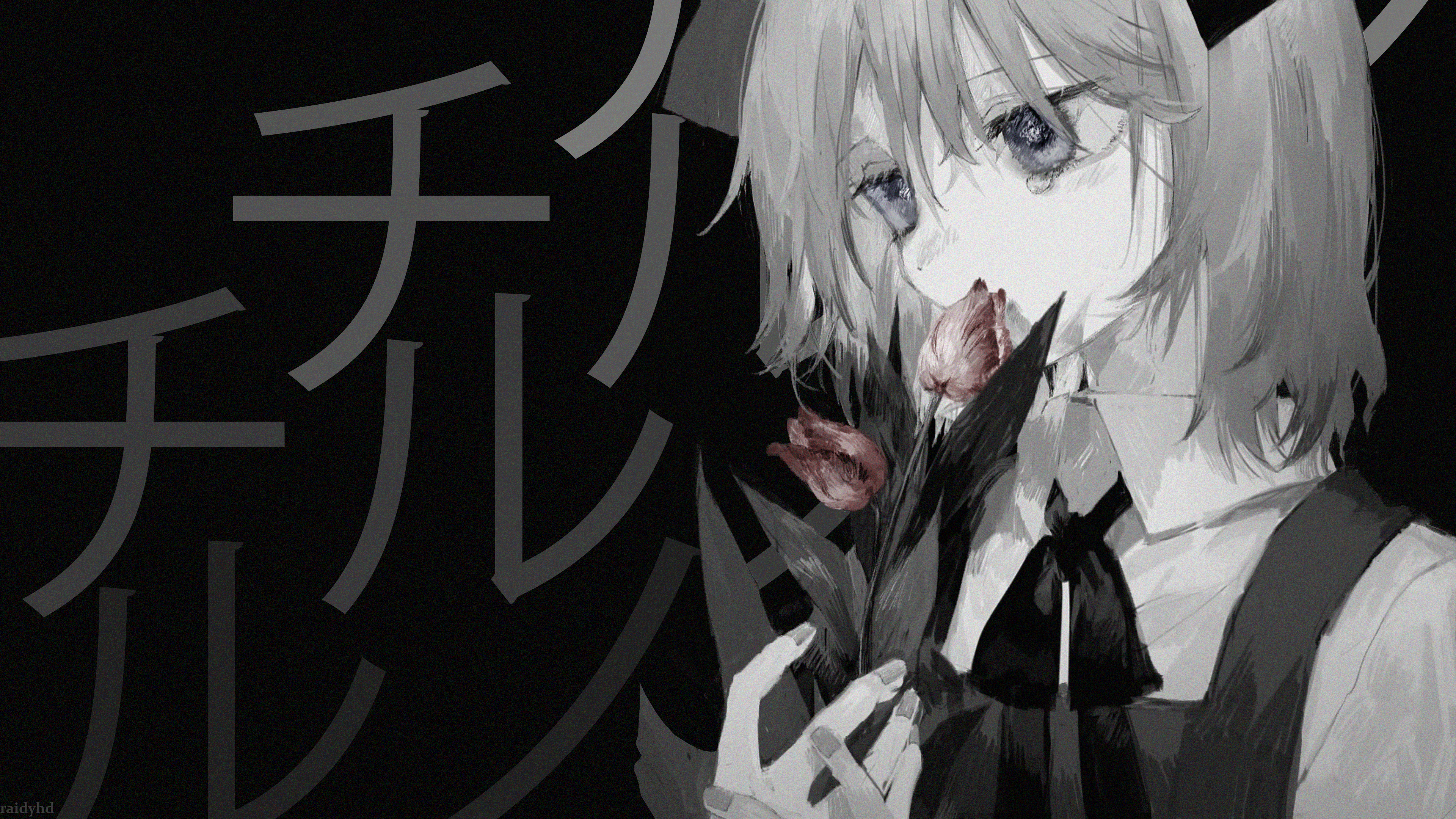 Wallpaper, anime girls, simple background, black background, flowers, minimalism, short hair, leaves, monochrome, Japanese 3840x2160