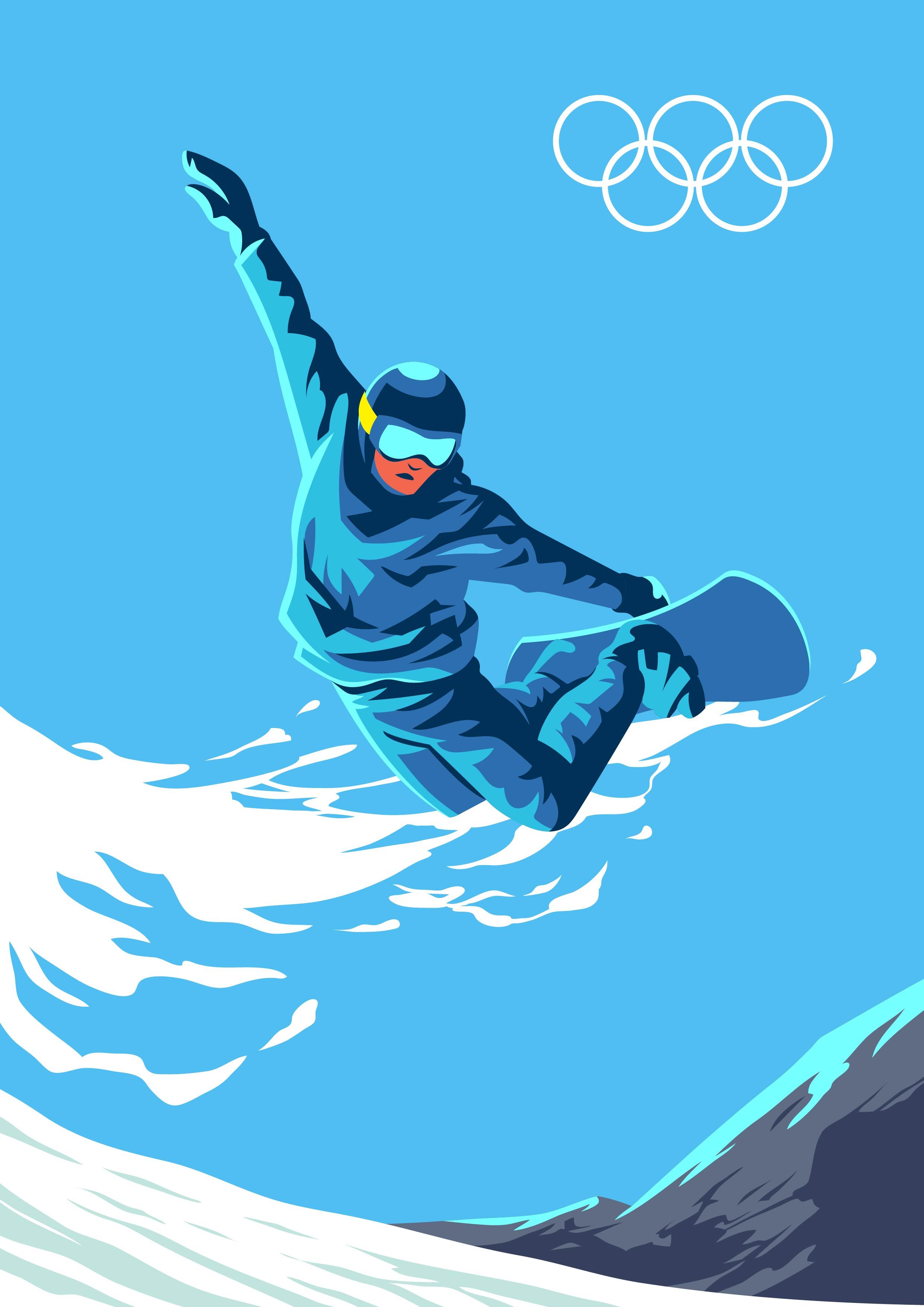 Snowboarder jumping through air with deep blue sky in background. Sports illustrations art, Snowboard art, Ski art