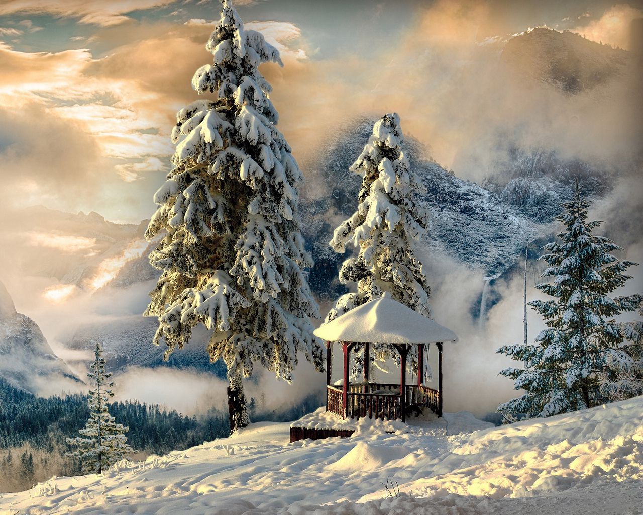Download wallpaper 1280x1024 winter, gazebo, snow, mountains, fog standard 5:4 HD background