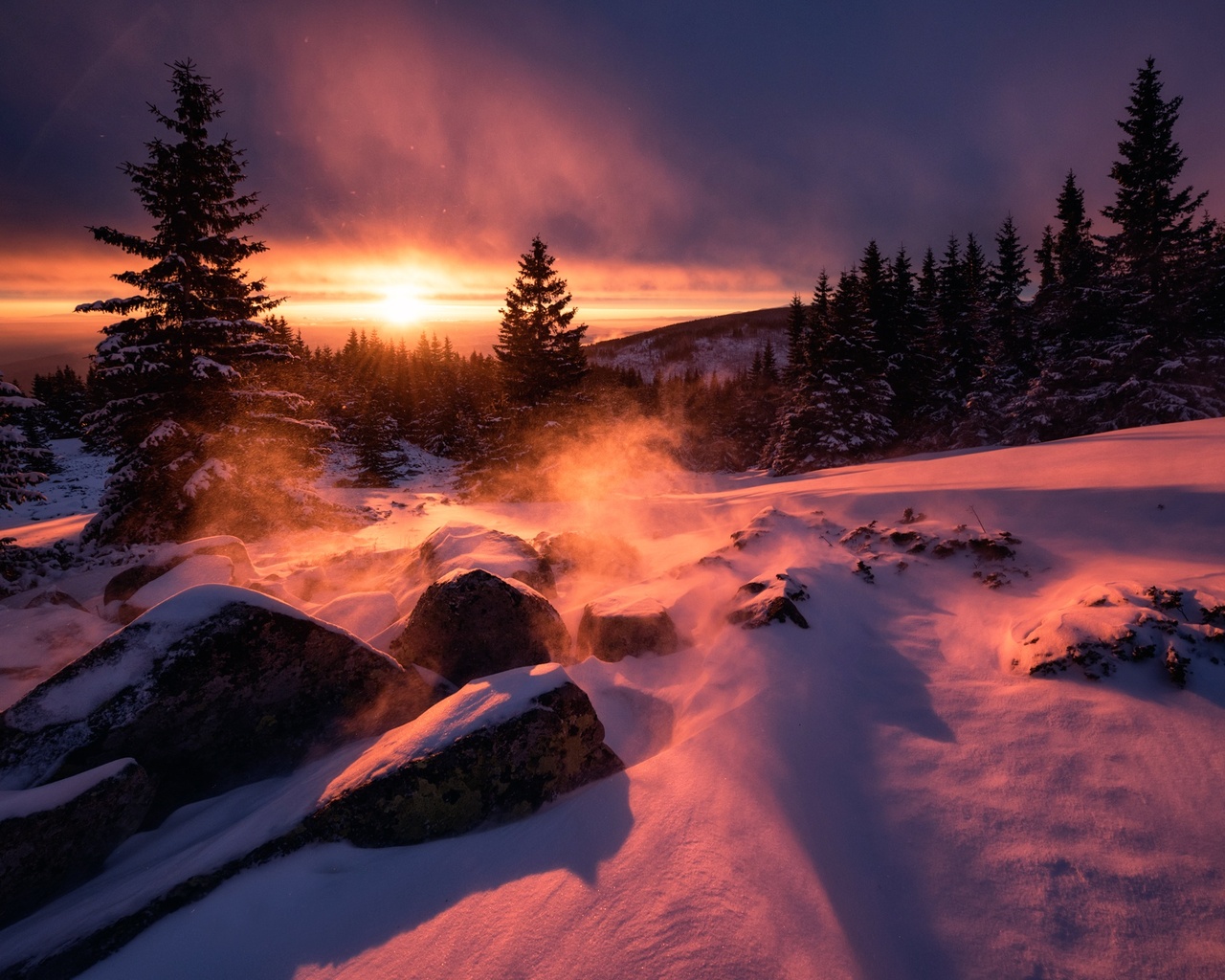 Winter Snow Sunset 1280x1024 Resolution HD 4k Wallpaper, Image, Background, Photo and Picture