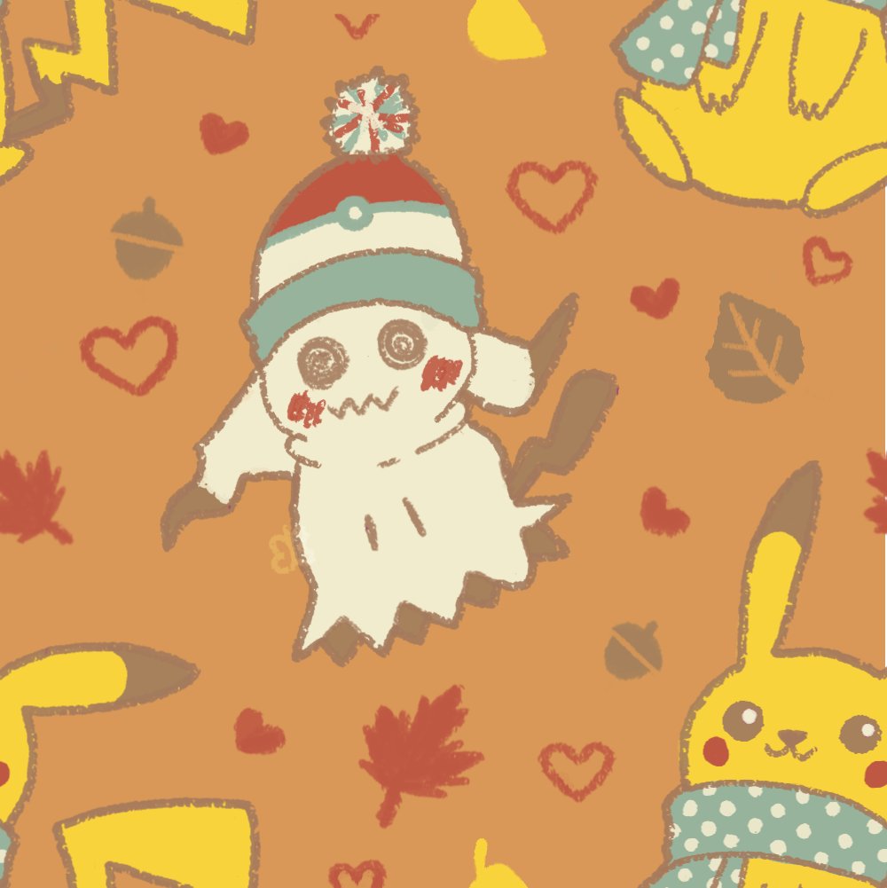 Brownie Batter made another #pokemon #pattern featuring #pikachu and #mimikyu preparing for the chilly fall weather. Swipe to use as a # wallpaper or #lockscreen! #nintendo #seamlesspattern #madewithaffinity #affinitydesigner #fanart #