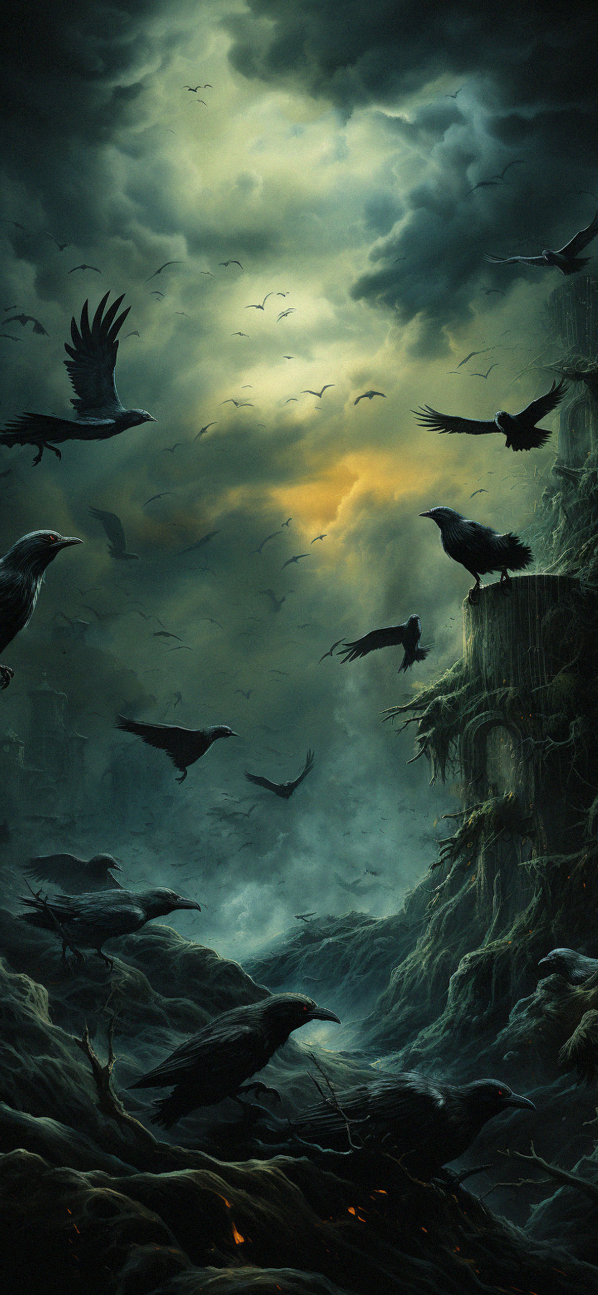 Flock of Scary Ravens Dark Green Wallpaper