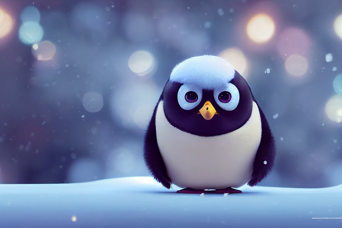 prompthunt: extra cute pinguin, baby pinguin, winter background, big round eyes, pixar style, octane render