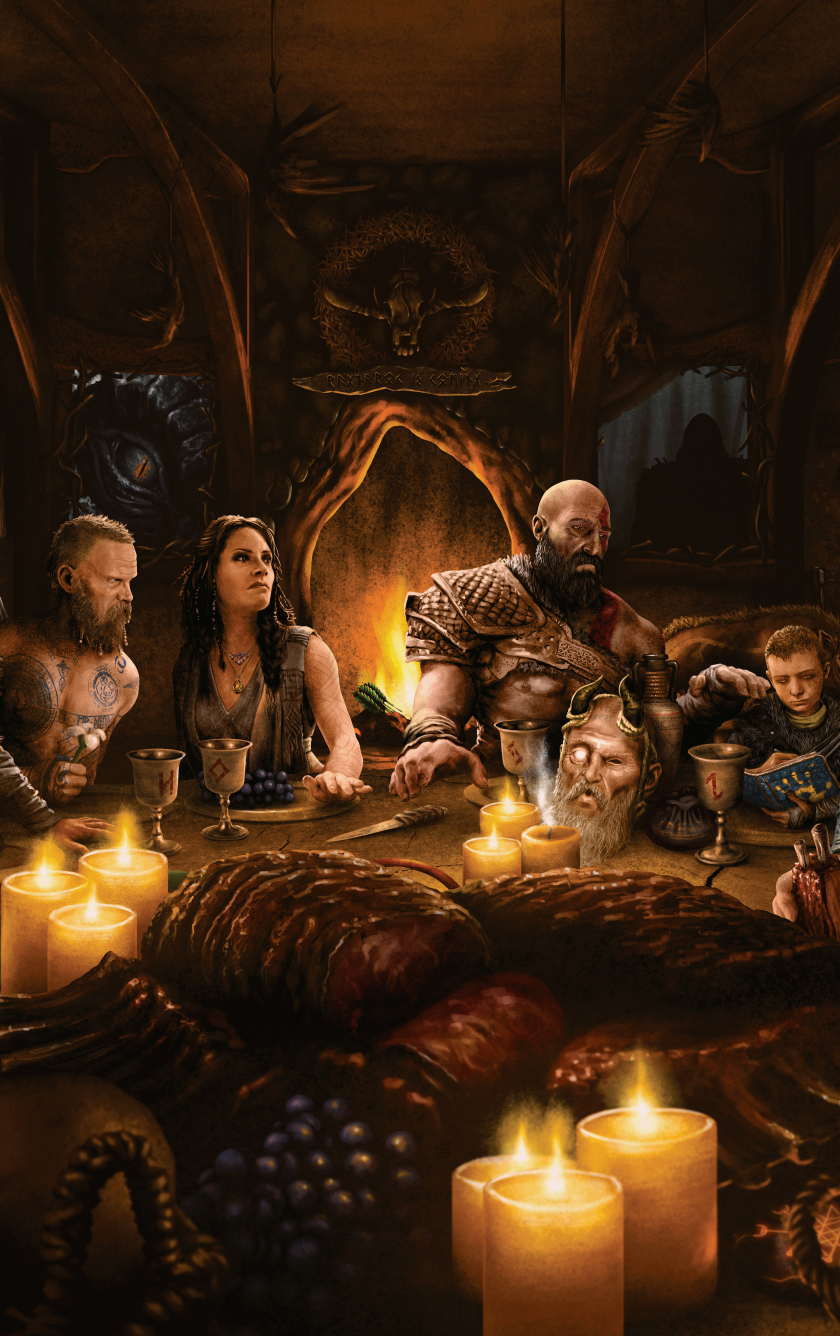 Download wallpaper 840x1336 dinner, warriors, video game, god of war, 2018, iphone 5, iphone 5s, iphone 5c, ipod touch, 840x1336 HD background, 17084