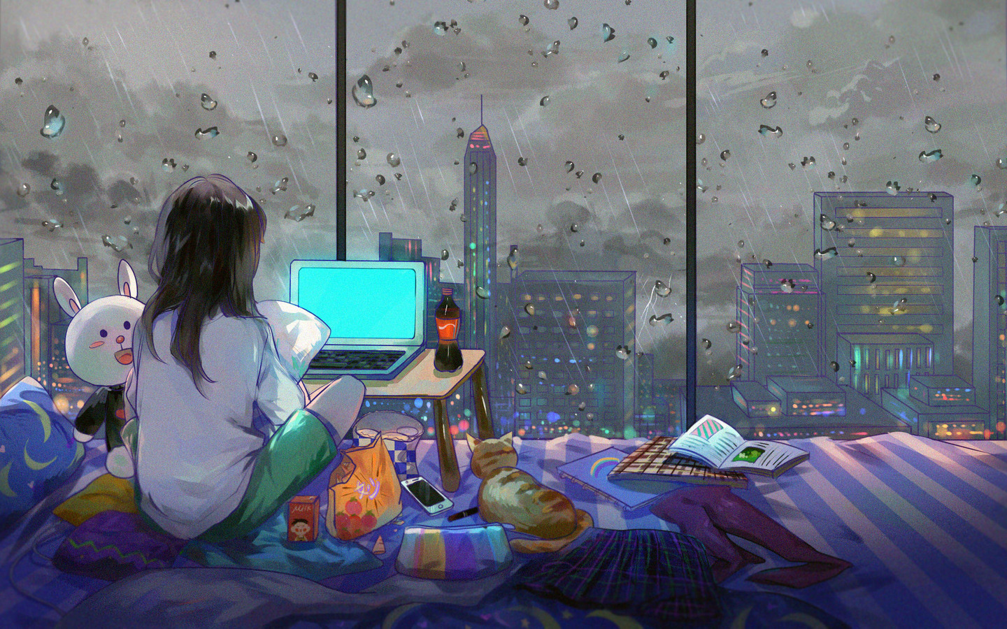 Anime Girl Room City Cat 1440x900 Resolution HD 4k Wallpaper, Image, Background, Photo and Picture
