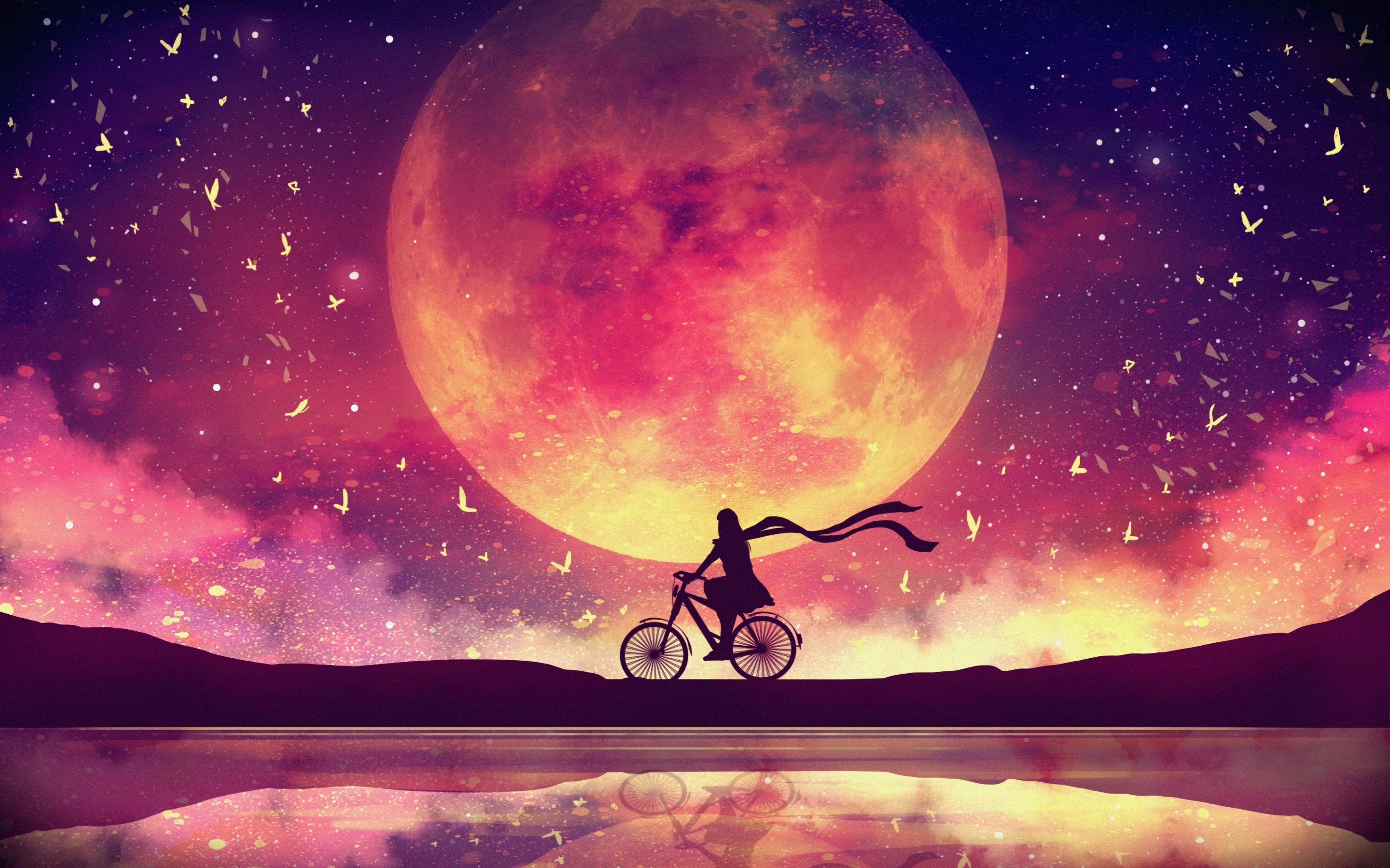 Moon Wallpaper 4K, Girl, Dream, Lake, Bicycle